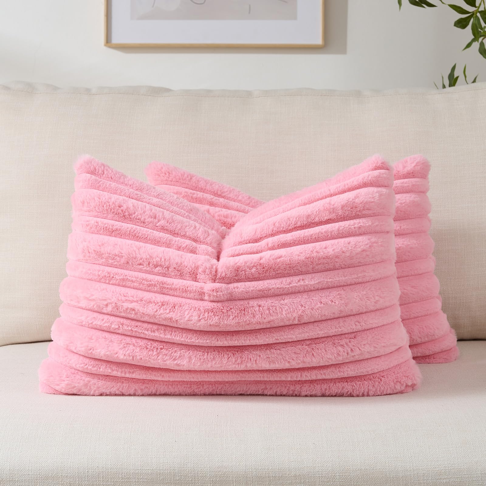 FUTEI Set of 2 Fluffy Faux Fur 30x50 cm Cushion Covers Double Sided Soft Plush Striped Textured Scatter Pillowcase 30 x 50 cm Modern Accent for Sofa Bed Living Room, Bright Pink