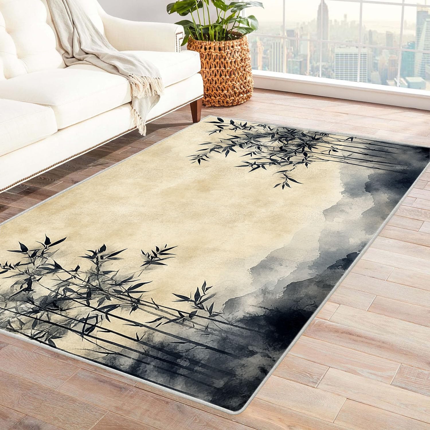 Tapis de salon beige 60x90cm à poils ras lavable et moderne pour le bureau
