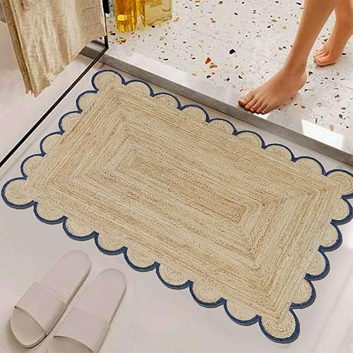 Alfombra bohemia de yute para decoración del hogar, rectangular, festoneada, vintage, alfombra de yute, color azul marino, 2 x 3 pies