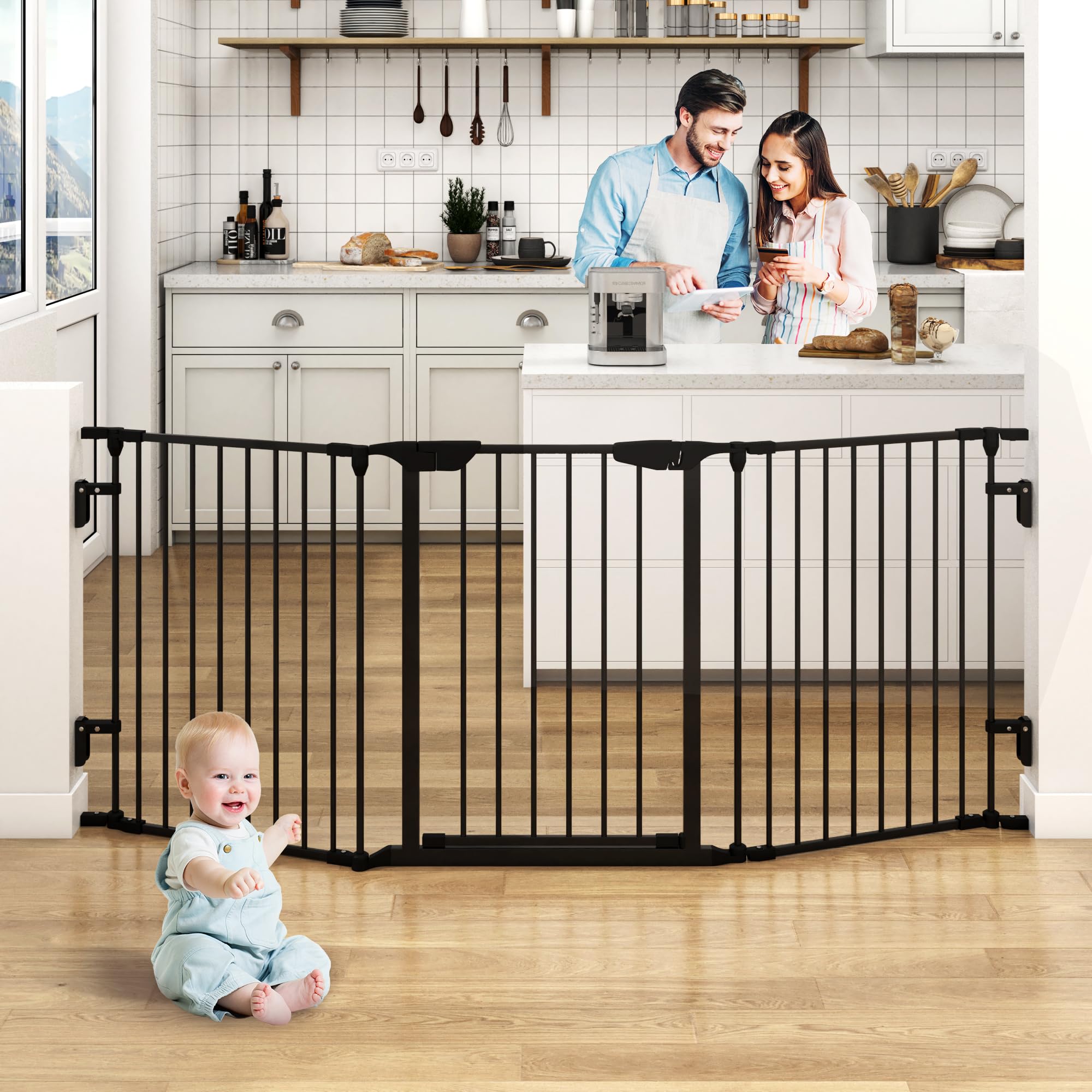 AUXSOUL 74" Wide Baby Gate Metal Safety Playpen - Fireplace Fence for Toddler/Pet/Dog, 3-Panel,30" H, Black