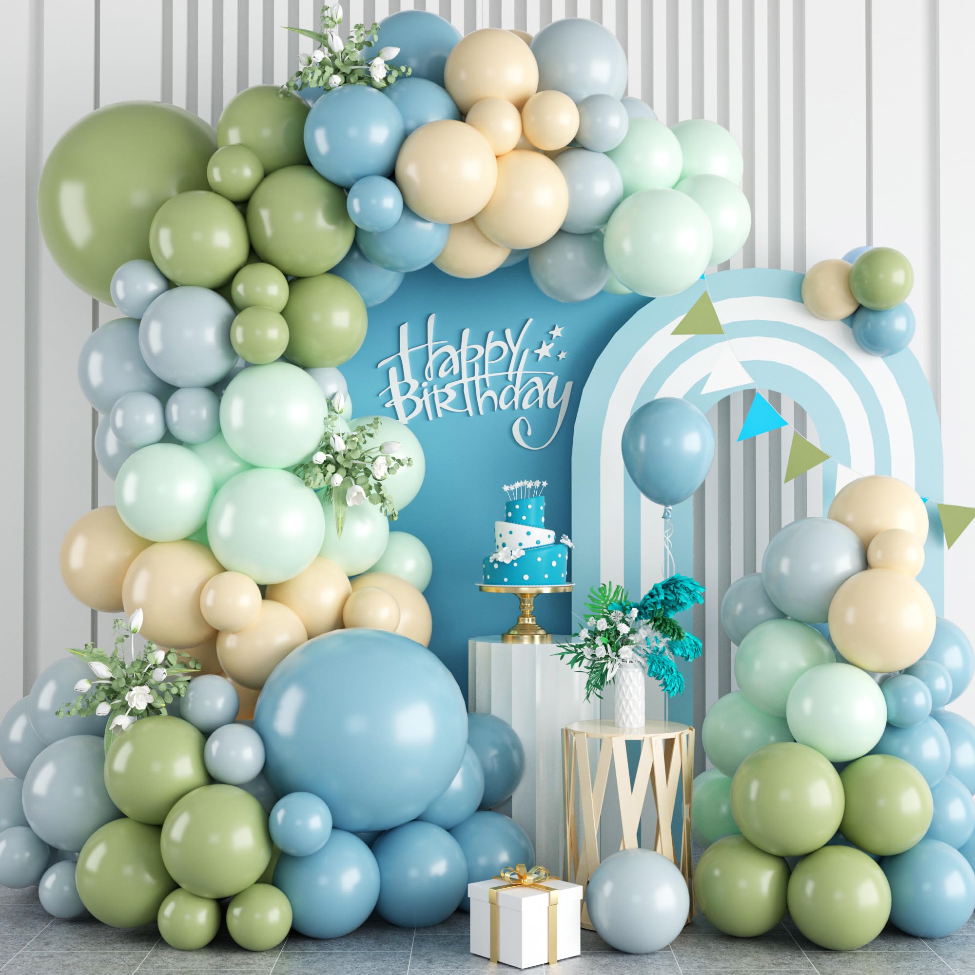 Blue and Green Balloon Garland Arch Kit,120PCS Avocado Macaron Green Retro Sea Fog Blue Dusty Balloon with Retro Apricot Balloons Arch Kit,for