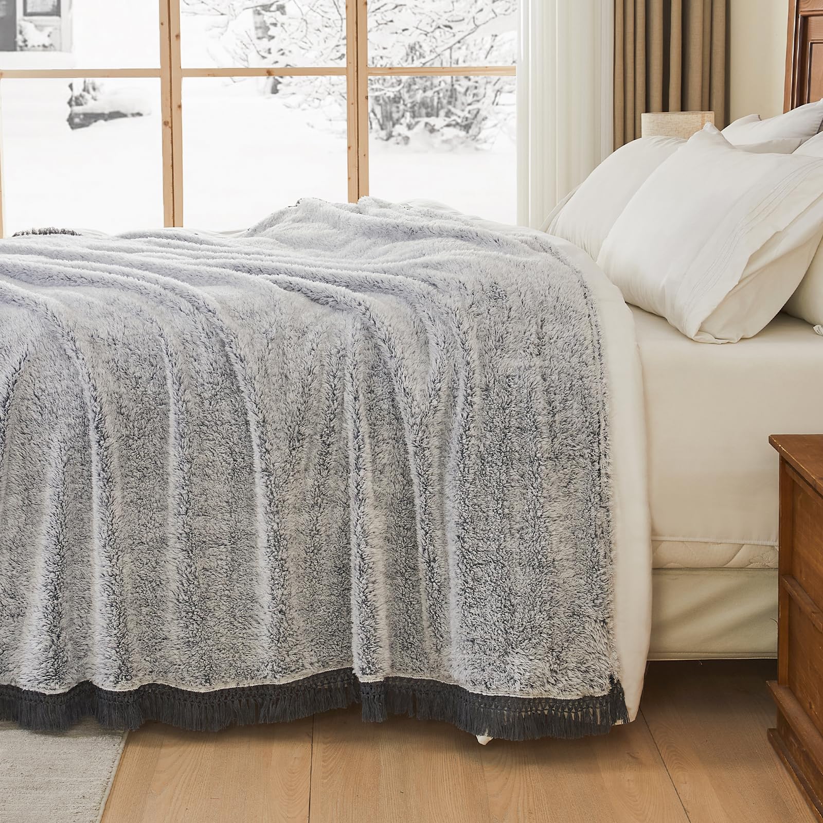 EMME Sherpa Blanket Throw Size Ultra Soft Warm Fuzzy Fleece Throw Blanket with Tassel Microfiber Cozy Blanket for Couch Sofa Lightweight Fuzzy Thick Reversible Couch (Grey With Tassel - Image 3