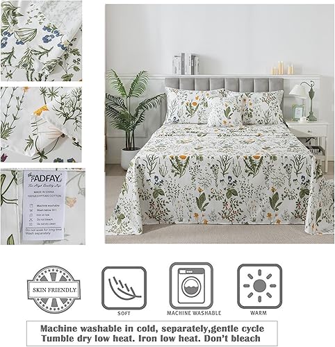 Miniatura 5 de FADFAY Sábanas 100% de algodón egipcio, estampado botánico de flores amarillas y hojas, ropa de cama de granja transpirable, juego de sábanas de 4