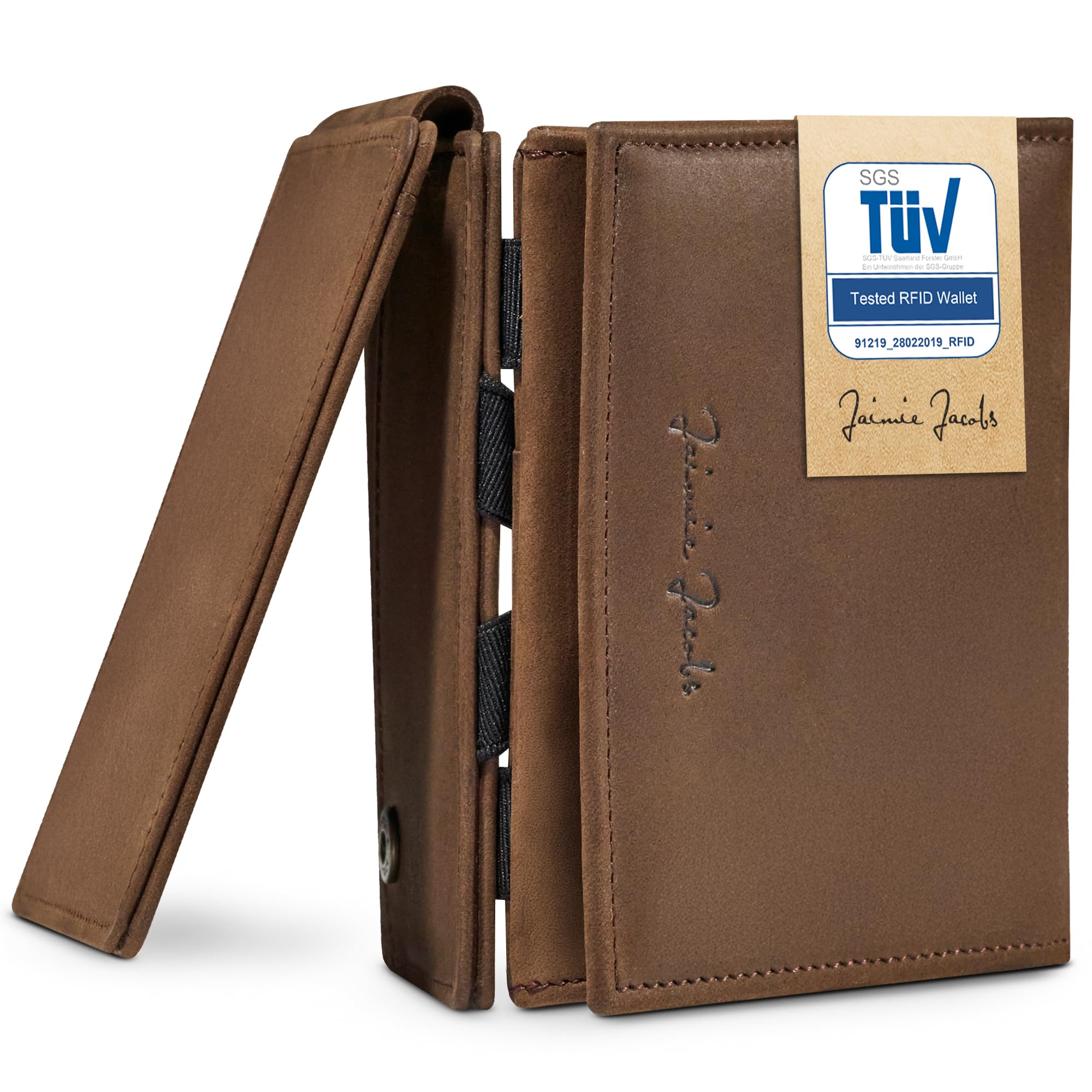 Jaimie Jacobs Flap Boy XL Magic Wallet con Bolsillo Monedero Cartera con protección RFID y Espacio para 13 Tarjetas (Cuero de búfalo marrón Oscuro)