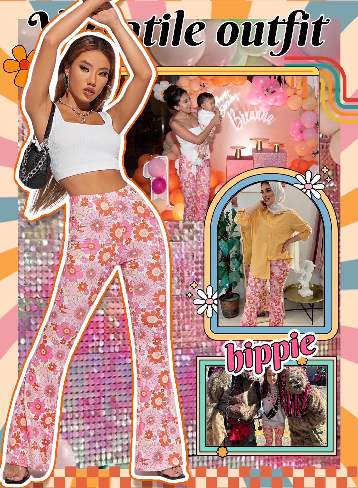 EVELUST Damen Karierte Schlaghose – High Waist Retro Y2k Partyhose Karneval Fasching Festival Rave 90er 2000er Vintage Outfit Pink Weiß Elegante Leggings