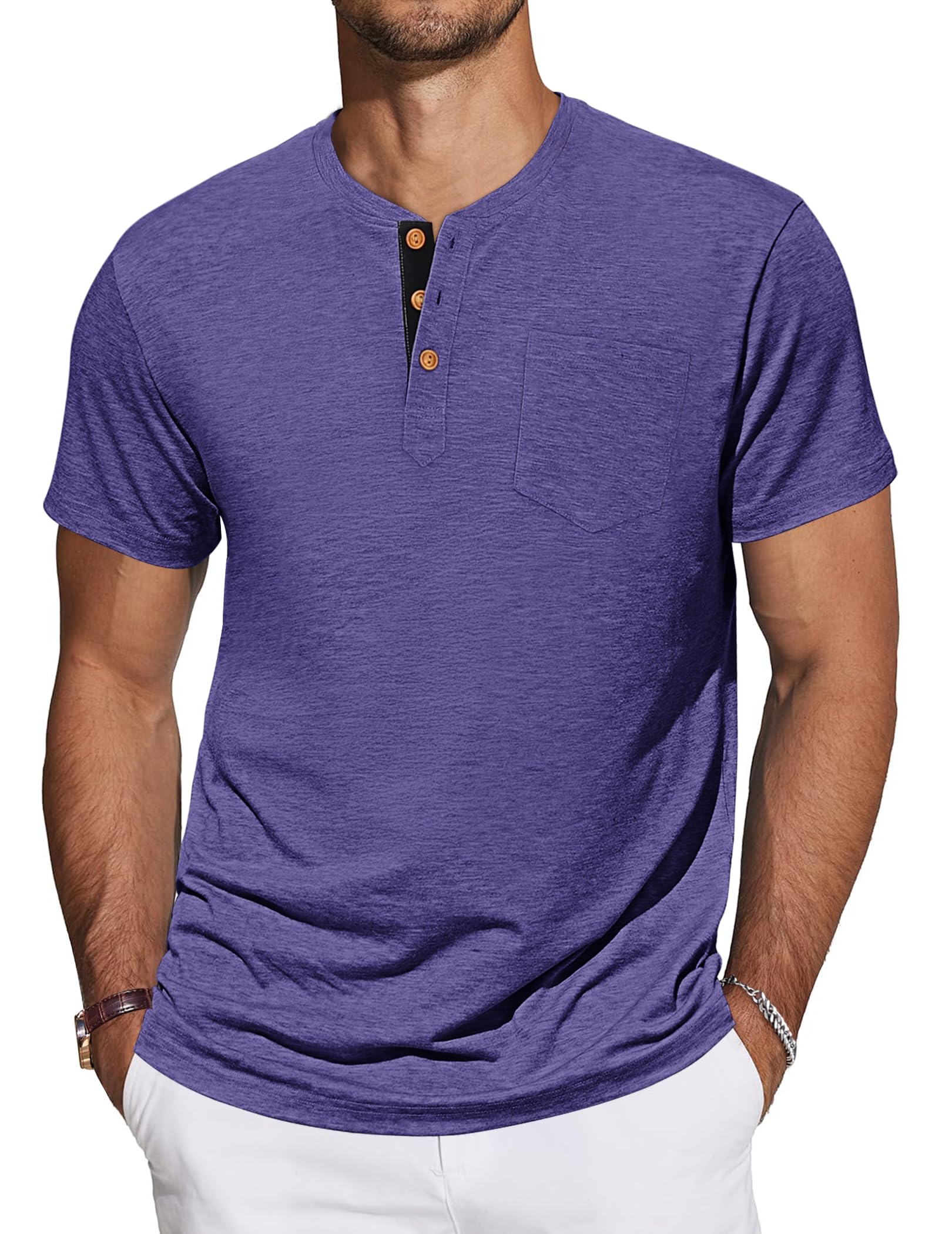 TARAINYA Henley T-Shirts Herren Baumwolle Shirt Kurzarm Einfarbig Basic Tee Männer Sommer mit Tasche M-4XL