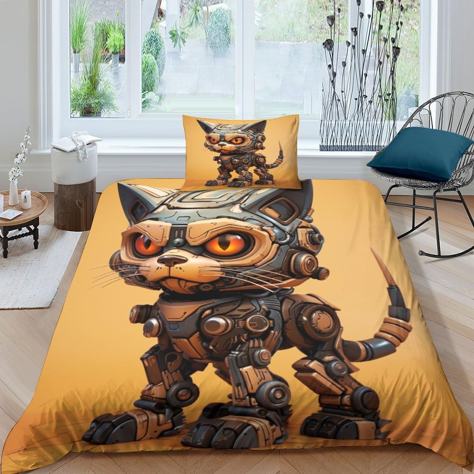 BARDYS Robot Kitten Quilt Cover 3D Print Anime Duvet Cover for Teens And Adults Comforter Covers with Zipper Closure Bedding Set Soft Microfiber with Pillow Cases 3 Pieces Single（135x200cm）