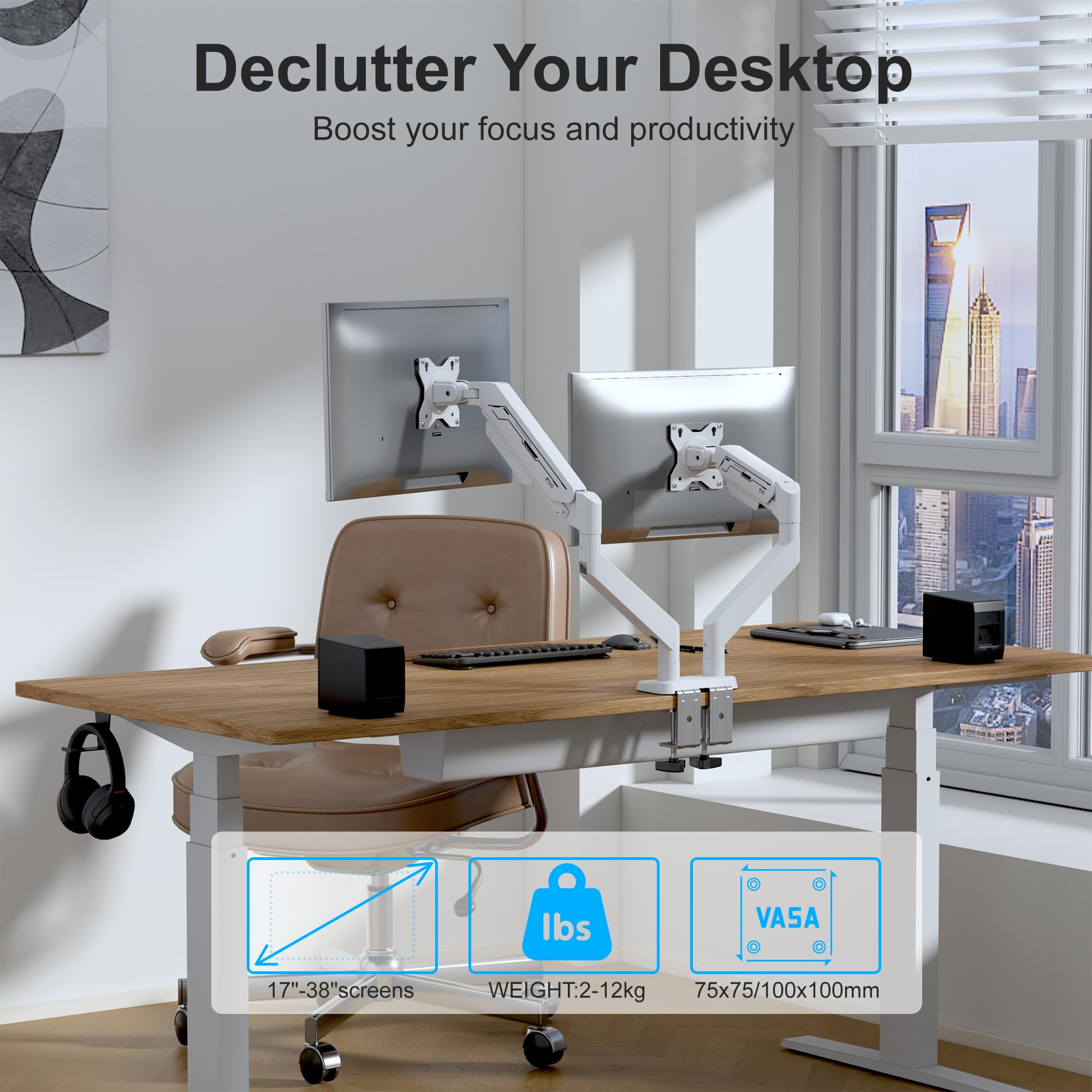 ETHU Bras de Moniteur simple-ET12K (Blanc, Deux écrans)