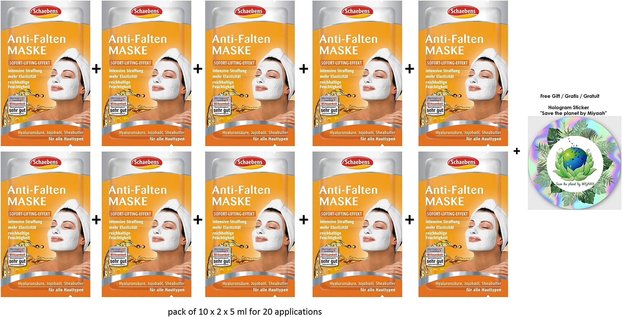 Anti-Aging/Anti-Wrinkle Face Mask with hyaluronic acid, jojoba oil and sheabutter- for 20 Applications (Pack of 10 x 2 units. 5 ml per unit)- for all skin types