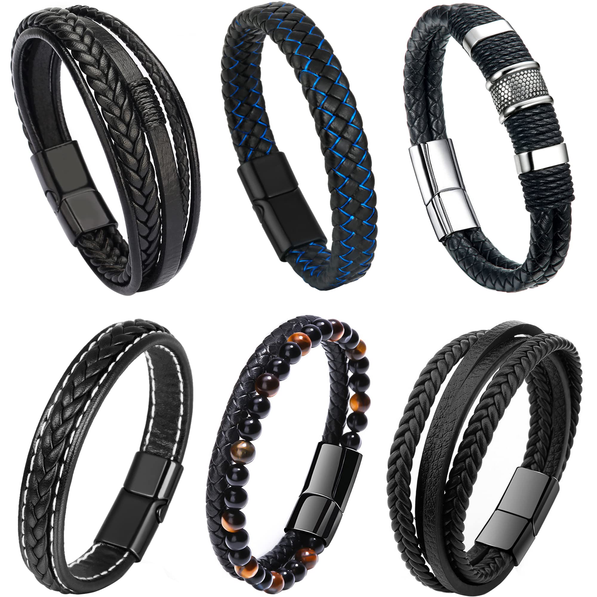 6 Pieces Mens Leather Bracelet Stainless Steel Multi-layer Braided Black Leather Bracelets for Men