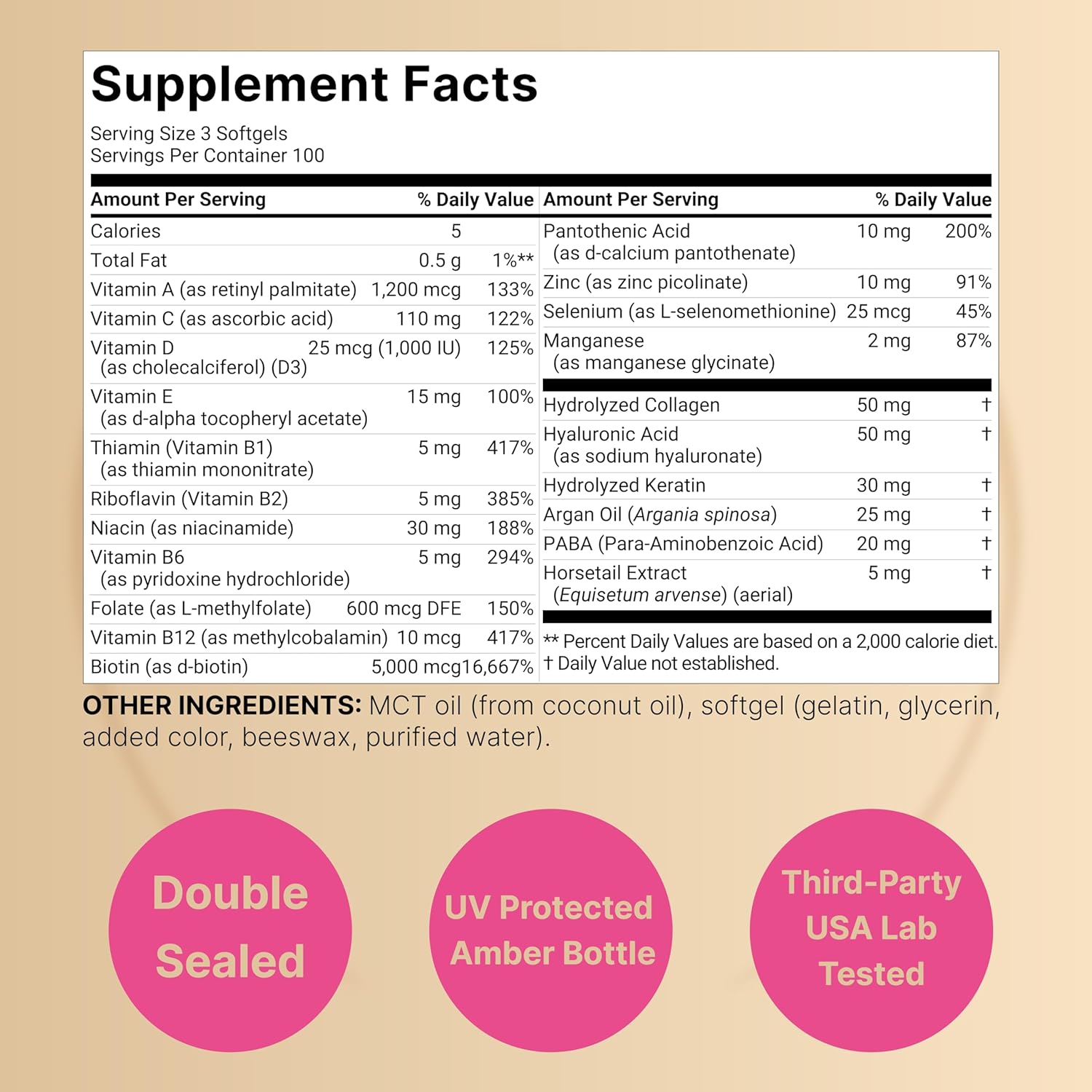 NatureBell Hair, Skin & Nails* Vitamins for Women, 300 Softgels with MCT Oil – 21-in-1 with 5000mcg Biotin, Collagen, Keratin, Hyaluronic Acid, Argan Oil, & B Complex – Non-GMO, Gluten Free - Image 2