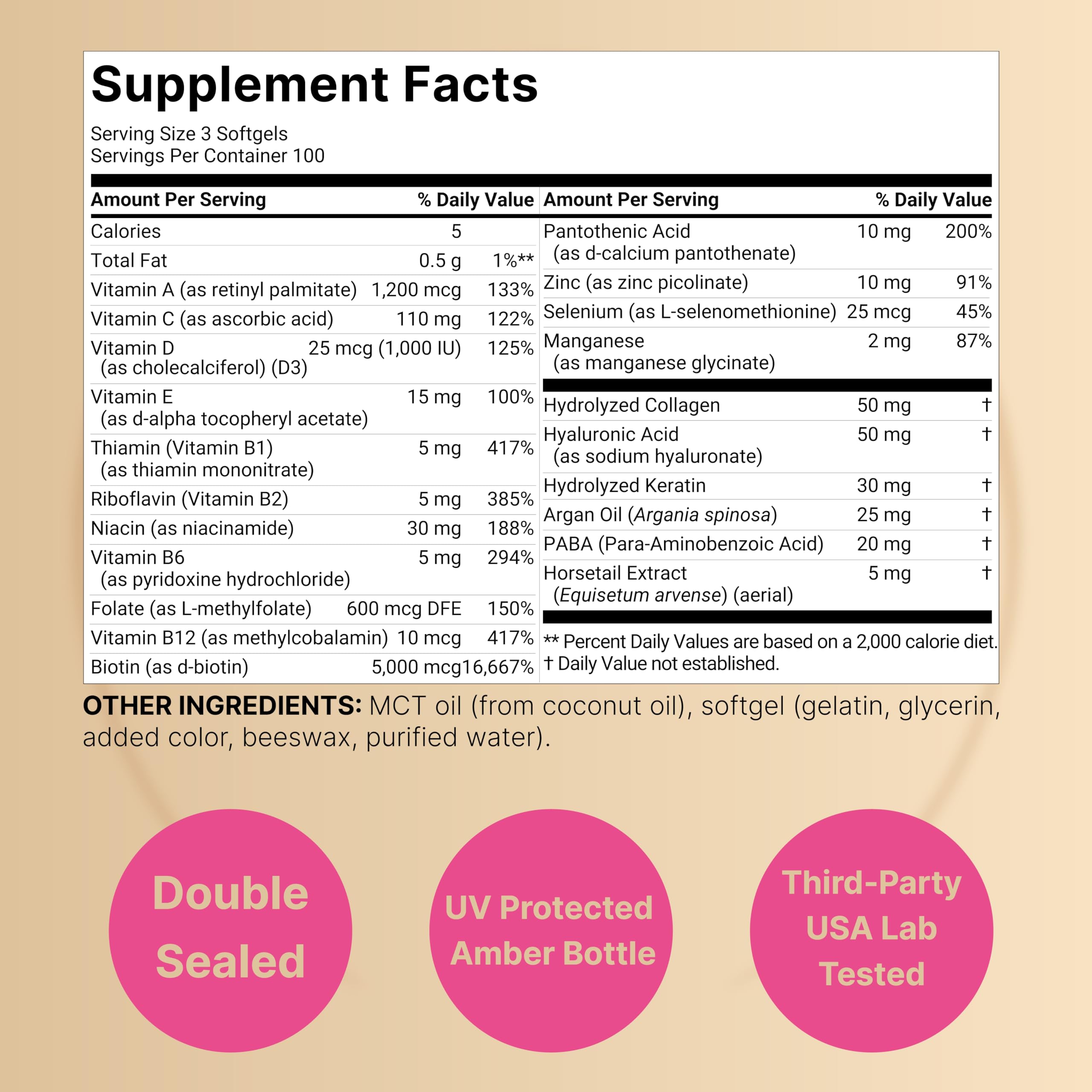 NatureBell Hair, Skin & Nails* Vitamins for Women, 300 Softgels – 5000mcg Biotin, Collagen, Keratin, Hyaluronic Acid, Argan Oil & B‑Complex – 21‑in‑1 Formula with MCT Oil, 100 Days Supply — Amazon image 2