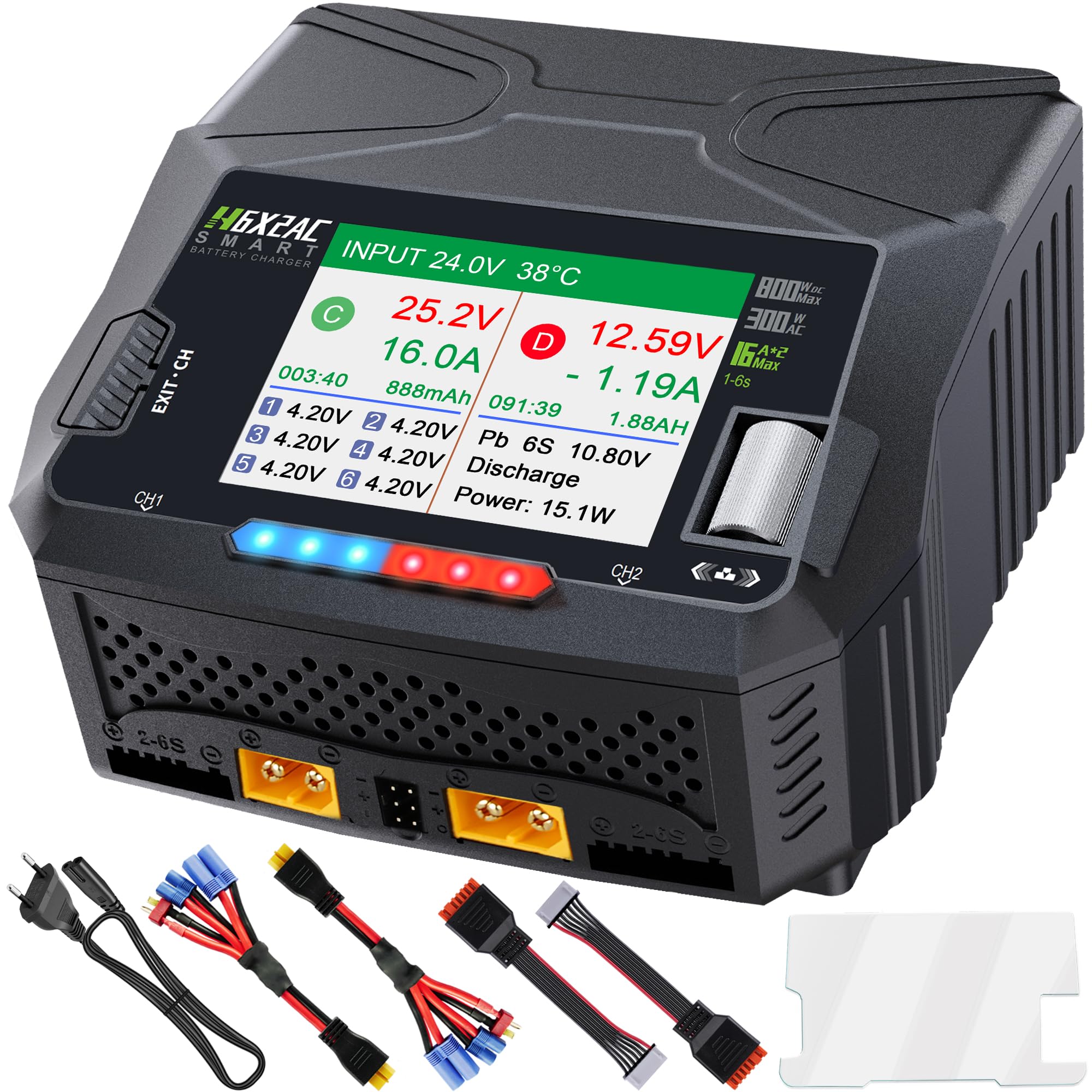 HTRC H6X2AC Duo - Caricatore LiPo con bilanciatore, 2 × 16 A, 300 W AC/2 × | Caricatore RC per LiPo/LiHV/Li-Ion/LiFe/LTO 1-6S, NiMH/NiCd 1-15S & Pb 2-20 V; scarica, modalità di stoccaggio