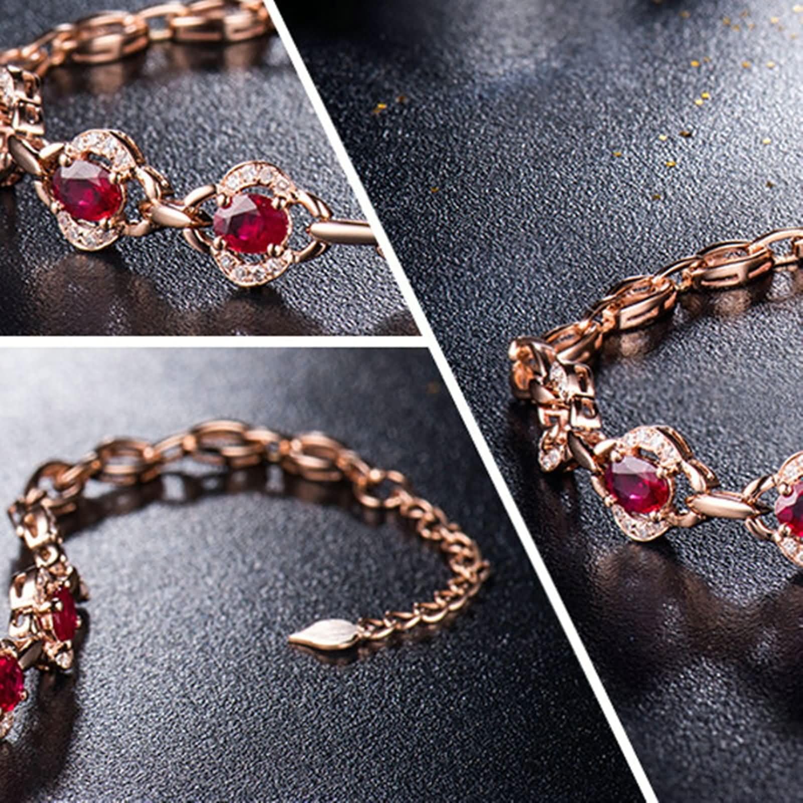 Kette Armband Roségold 9 Karat / 14 Karat / 18 Karat für Damen, Hohlblume und Oval mit Erstellter Rubin 1,26 Karat und Diamant, 16 CM + 5 CM Verlängerung, Rosegold Armband Damen