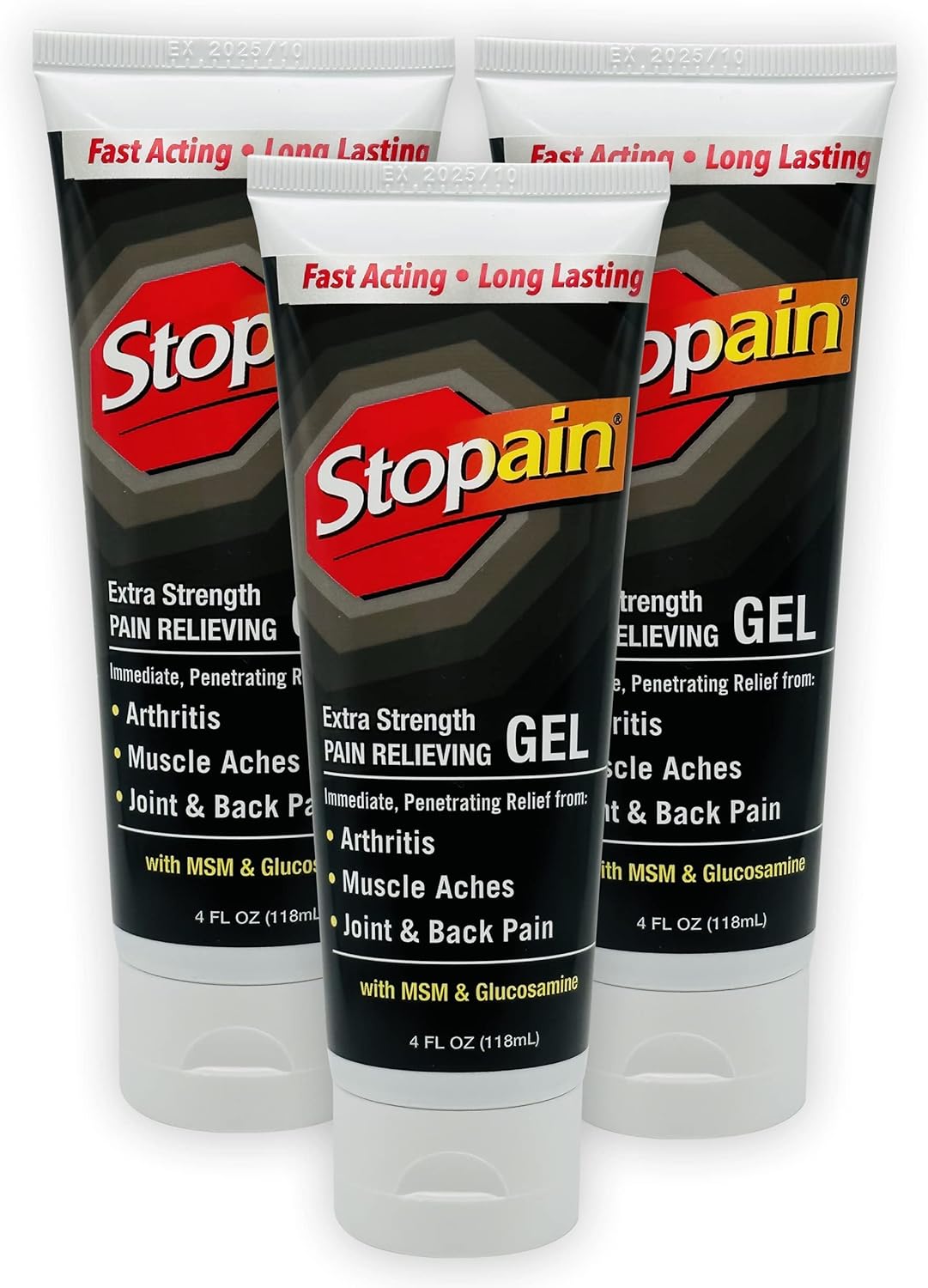Stopain Pain Relief Gel 4oz (3 Pack) USA Made, Max Strength Fast Acting with MSM, Glucosamine, Menthol for Arthritis, Lower Back Sciatica, Knee, Neck, HSA FSA Approved Topical Analgesic Products