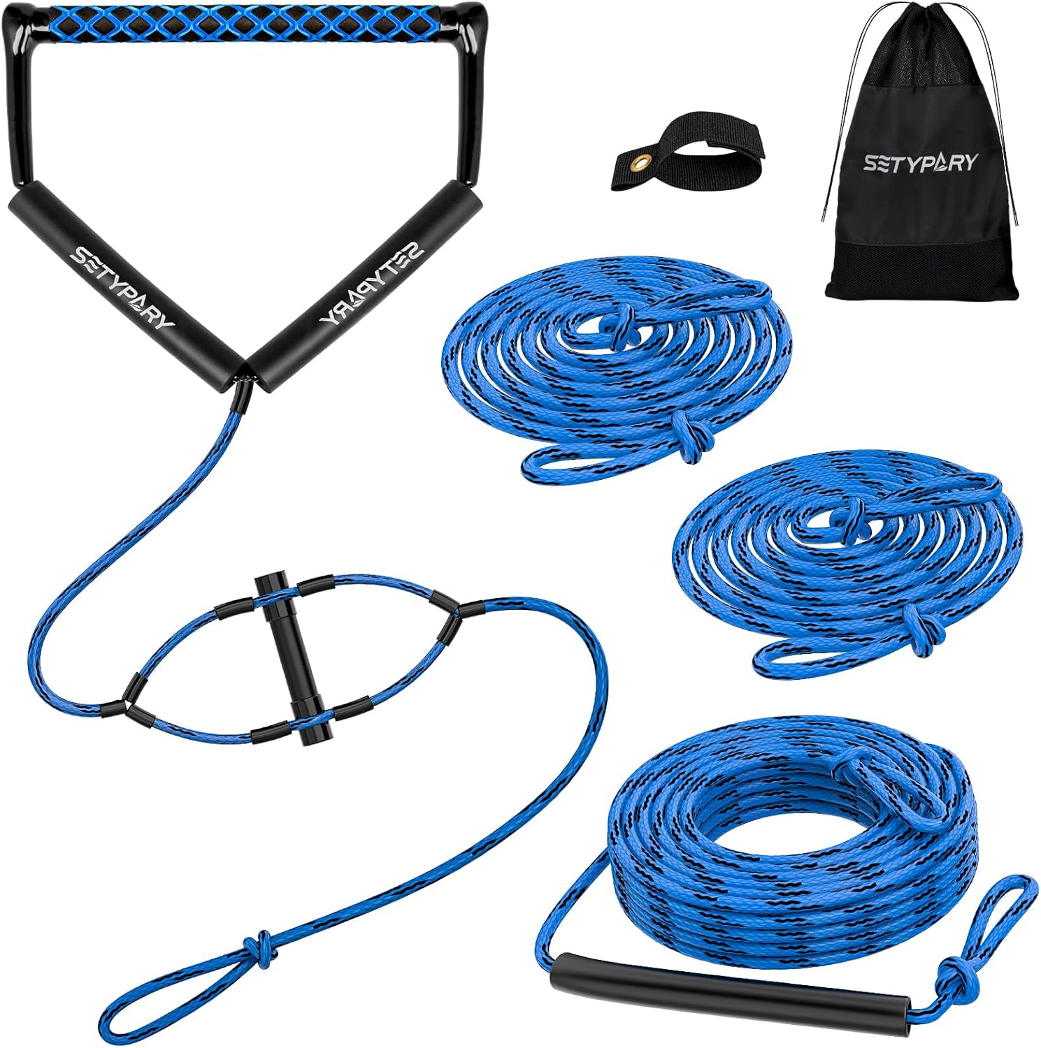 75FT Wakeboard Rope and Handle, Floating Water Ski Rope for Watersports, 4 Sections Ski Ropes for Water Skiing, Kneeboarding, Wakeboarding Blue & Black