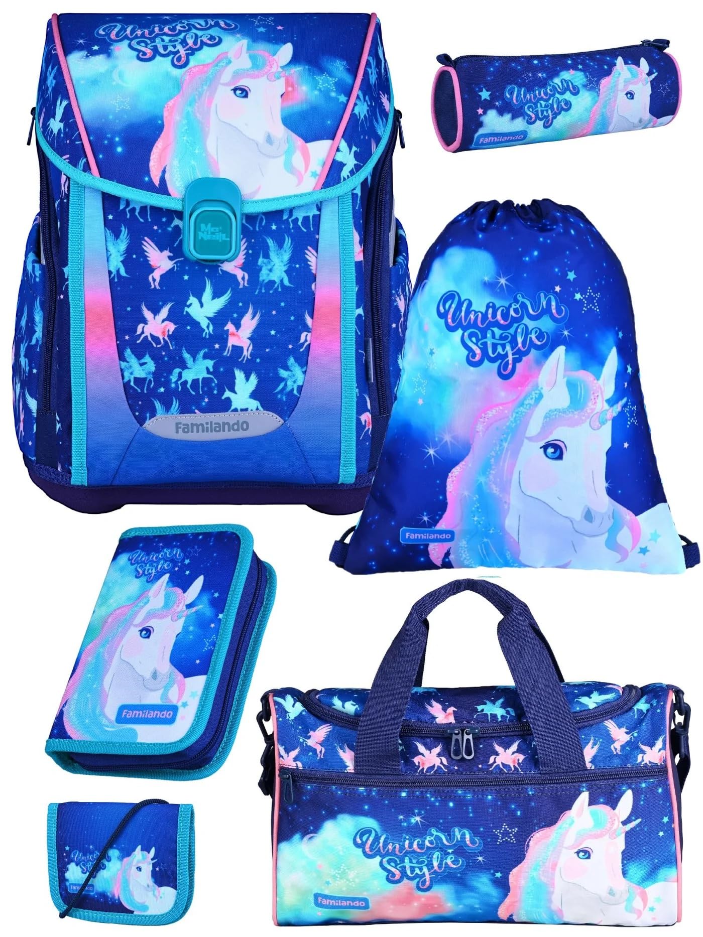 Familando - Premium Schulranzen Set - 6-teilig mit Sporttasche - Unicorn (Einhorn) - Ergonomisch, stabil & mit gepolstertem Rücken - 1000g - 20L Volumen - Mit Reflektoren - ab 1. Klasse
