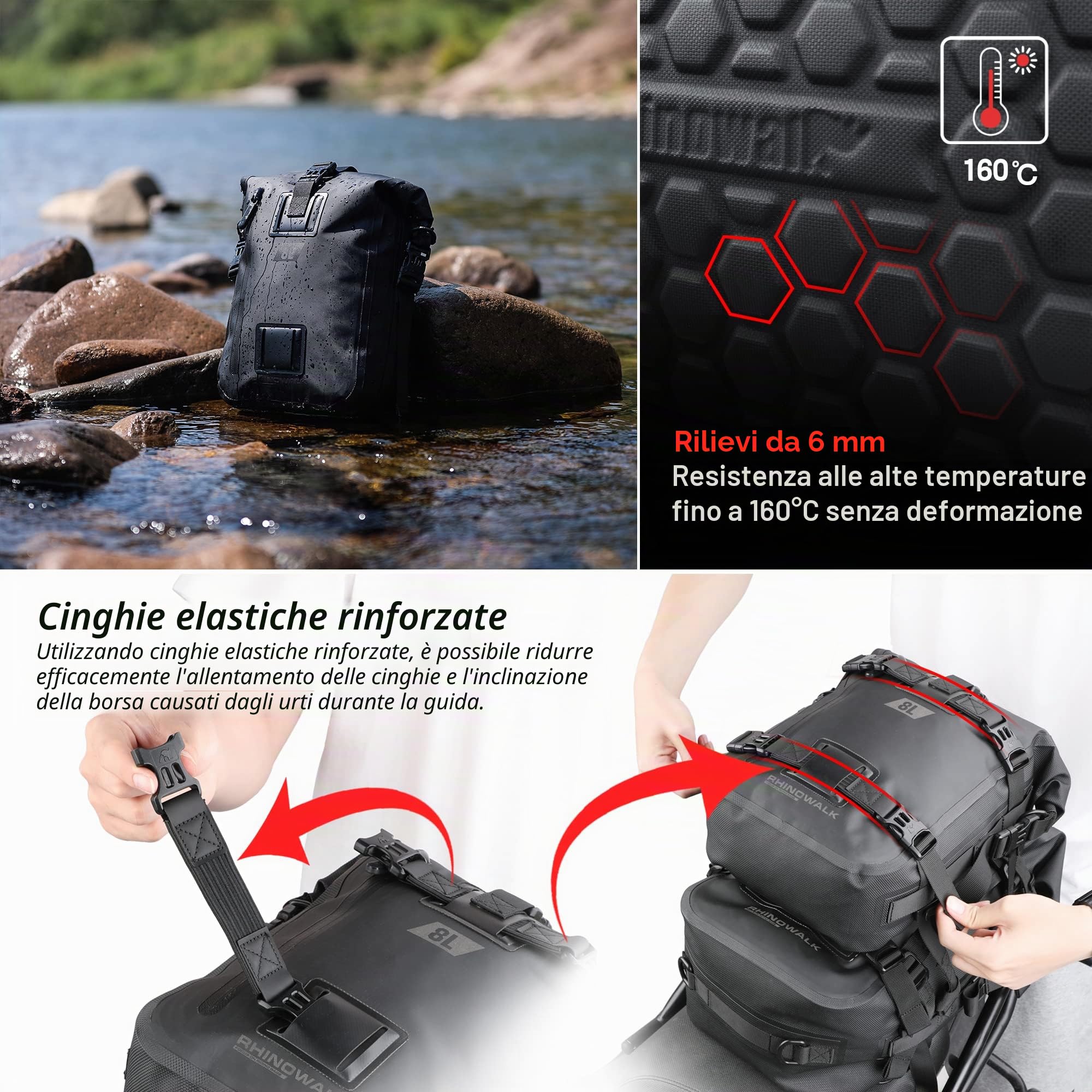 Rhinowalk Borsa da sella per moto impermeabile 8/15/30 l, borsa laterale per portapacchi posteriore, CXMT2230B