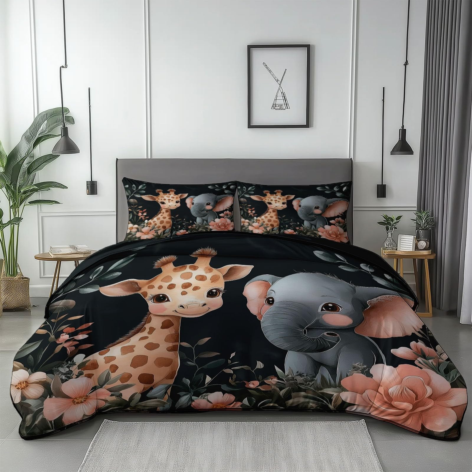 Akwarela Poszwa na kołdrę Niemowlęta Zwierzęta Nadruk Zestaw pościeli z 2 poszewkami na poduszki 65x65cm Ciemnoszary Mikrofibra Dwustronna poszwa na kołdrę 220x240 cm dla dorosłych nastolatków