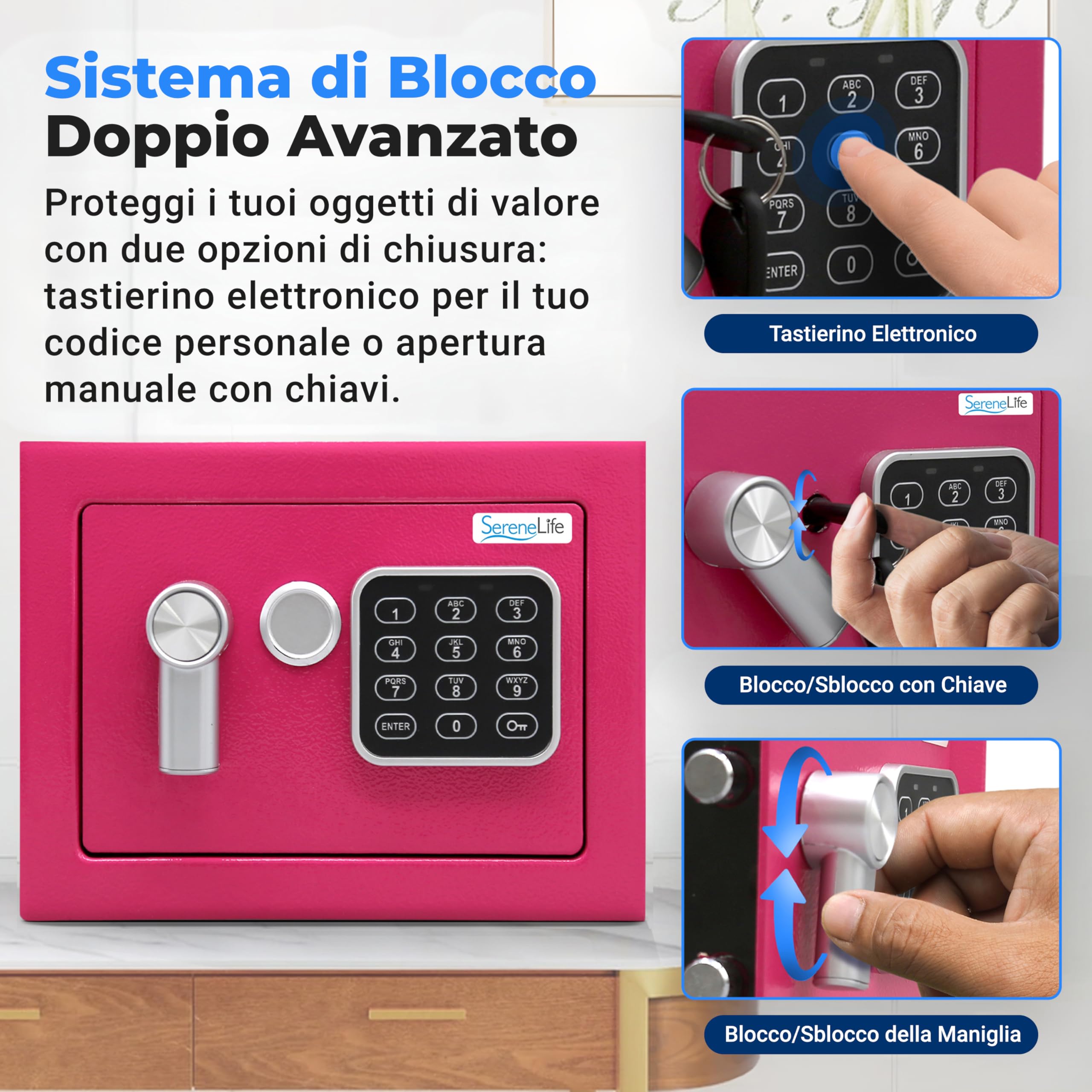 SereneLife Cassaforte, Cassaforte Piccola Elettronica, Cassetta di Sicurezza 23x17x17 cm, Codice Digitale, 2 Chiavi, per Casa, Ufficio, Denaro, Gioielli, Armi, Montabile a Muro, Pavimento, Rosa