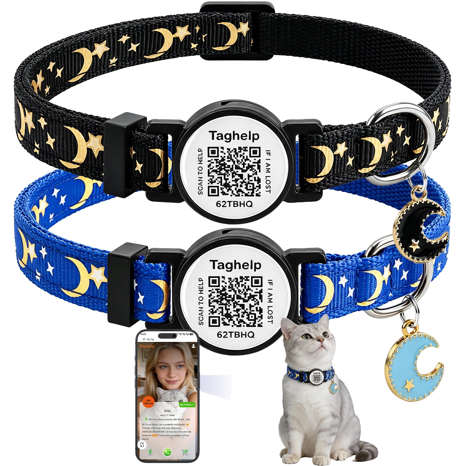 Collares de seguridad sólidos y seguros para gatitos con etiqueta de identificación QR para gatos y niñas, collar de mascotas, collar de gato, silencioso, ligero y duradero con código QR (negro y
