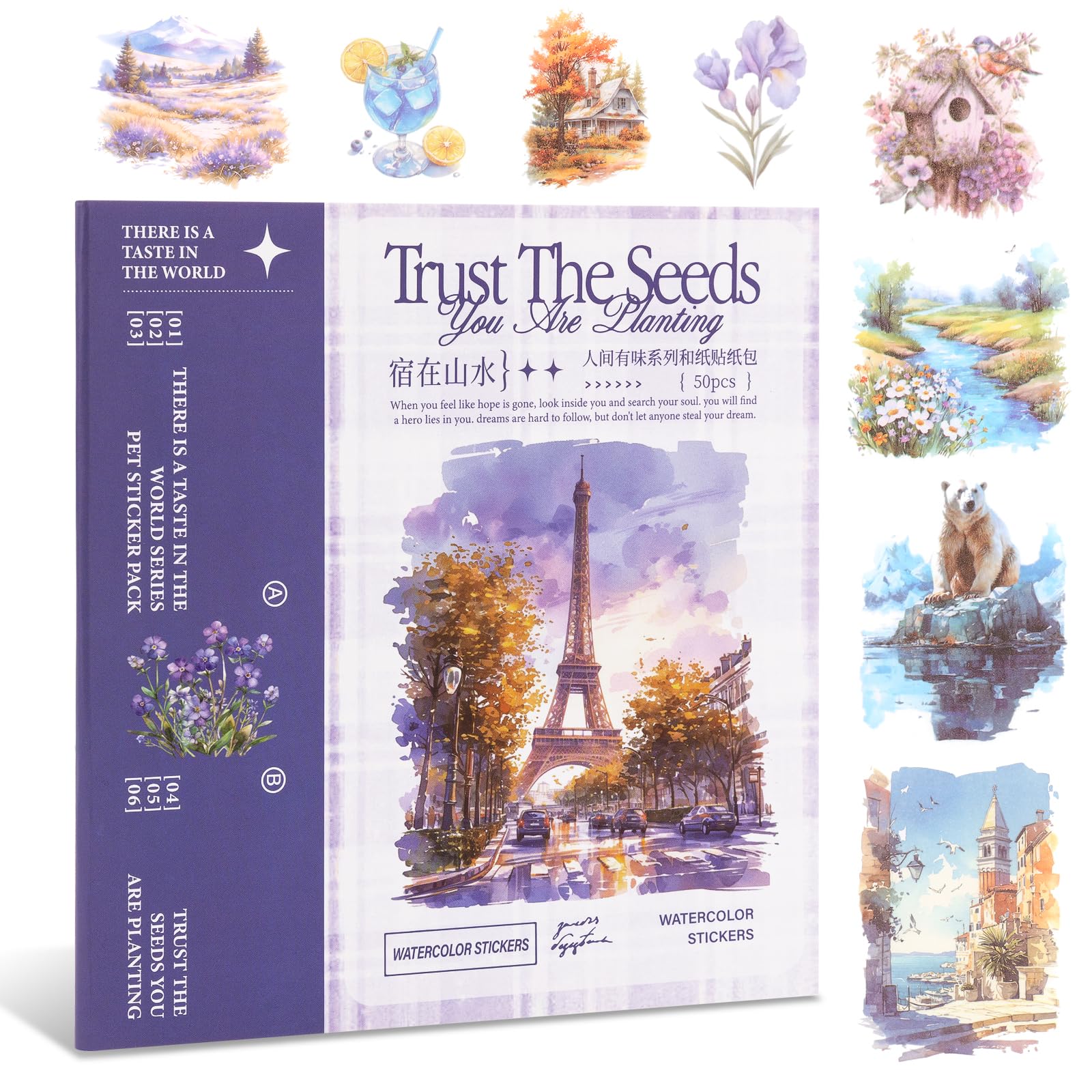 RISYPISY Pre-Cut Washi Tape Sticker 50 Sheet-388pcs Washi Stickers for Journaling Ephemera for Junk Journal Supplies for Bujo Planner Collage Crafts