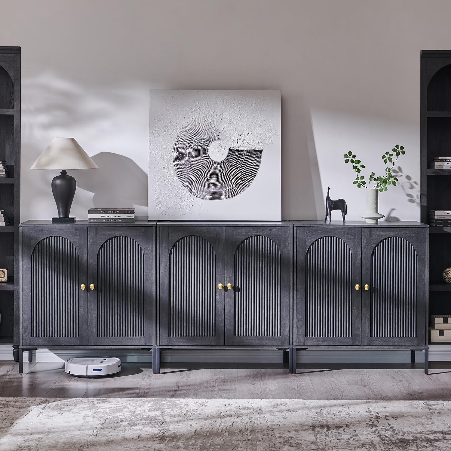 IFGET Modern Buffet Cabinet with Storage, 92.63" W Fluted Arched Sideboard Cabinet w/Adjustable Shelves, Wooden Modular Coffee Bar for Dining Room,