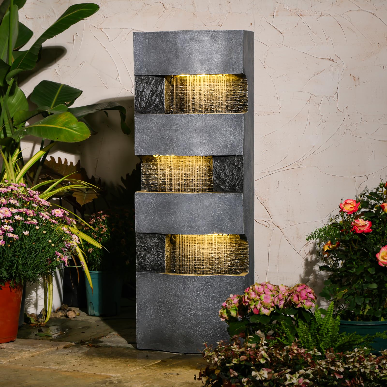 Sunlinua 3-stufiger Regenvorhang-Springbrunnen mit LED-Beleuchtung – moderner freistehender Brunnen für Garten, Terrasse, Balkon oder Eingangsbereich, 36.5×22×103 cm | Grau