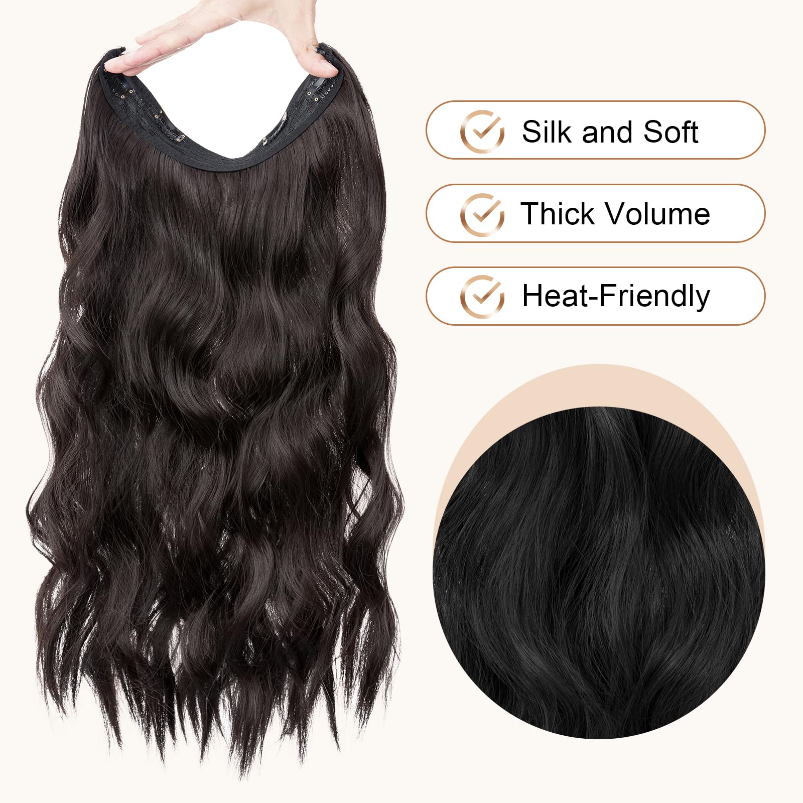 TESS Secret Wire Hair Extension Wavy Invisible One Piece Synthetic Hair Extensions Curly Full Thick Long Adjustable Hairpieces for Women (Dark Brown - Image 2