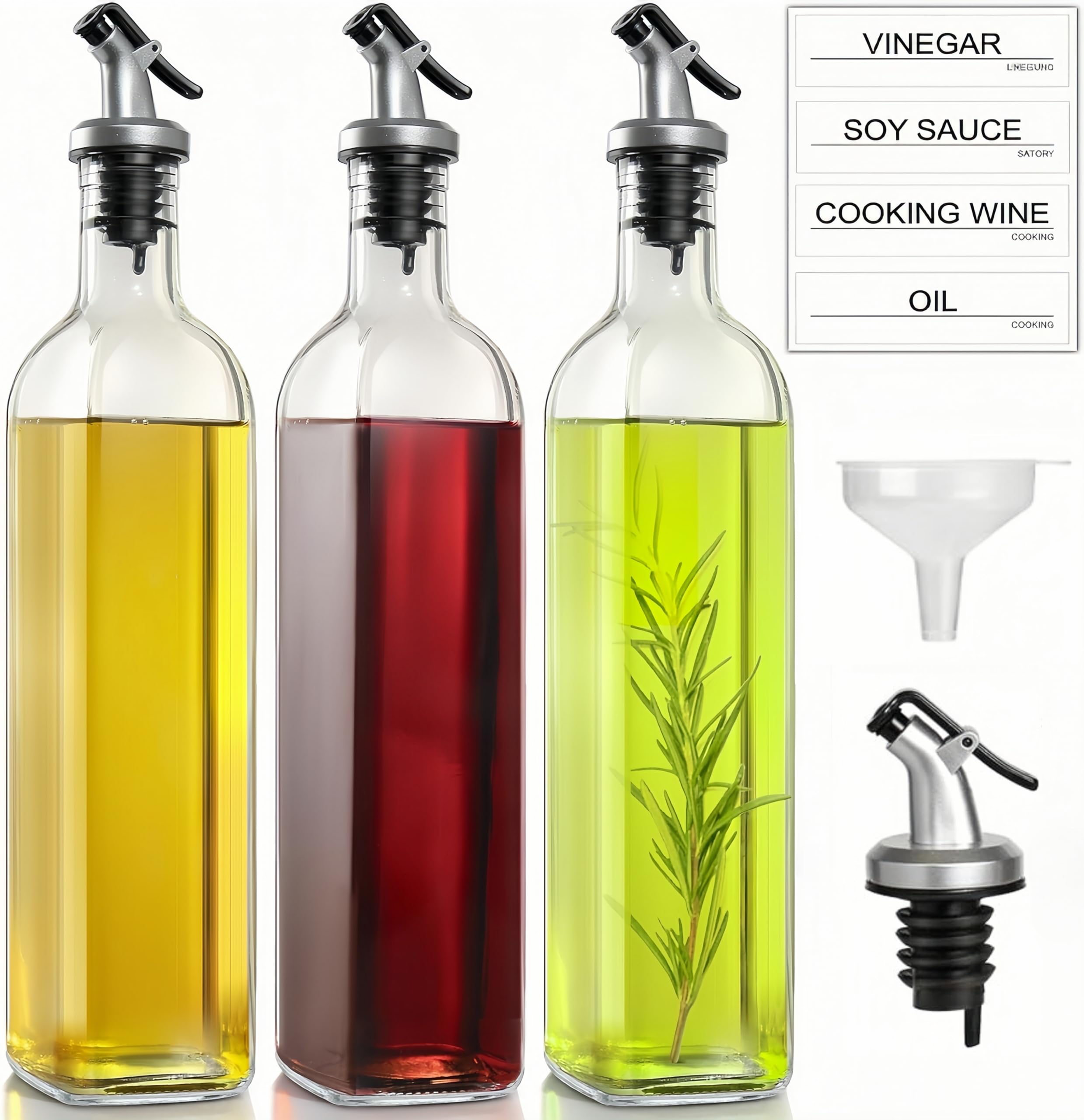 MIUSITE Olive Oil and Vinegar Dispenser Bottle, Glass Cooking Oil Dispenser Bottle for Kitchen,Oil and Vinegar Dispenser Set of 3, Oil Drizzler with Plastic Pourer, Funnel - 500ml