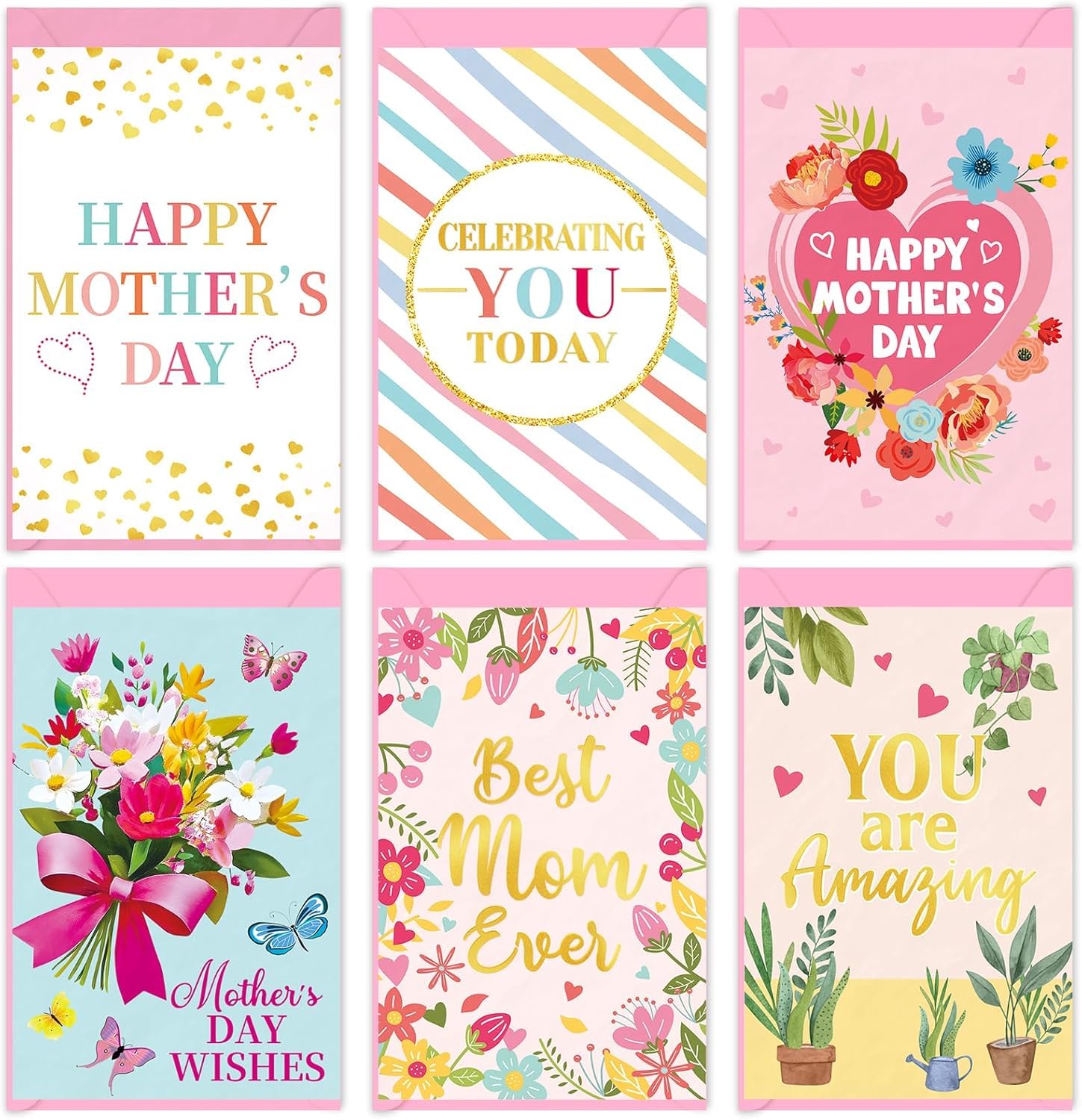 YQUQWN Lot de cartes de fête des mères décorativement dorées et texturées avec motifs floraux, cartes cadeaux pour maman avec message imprimé à l'intérieur