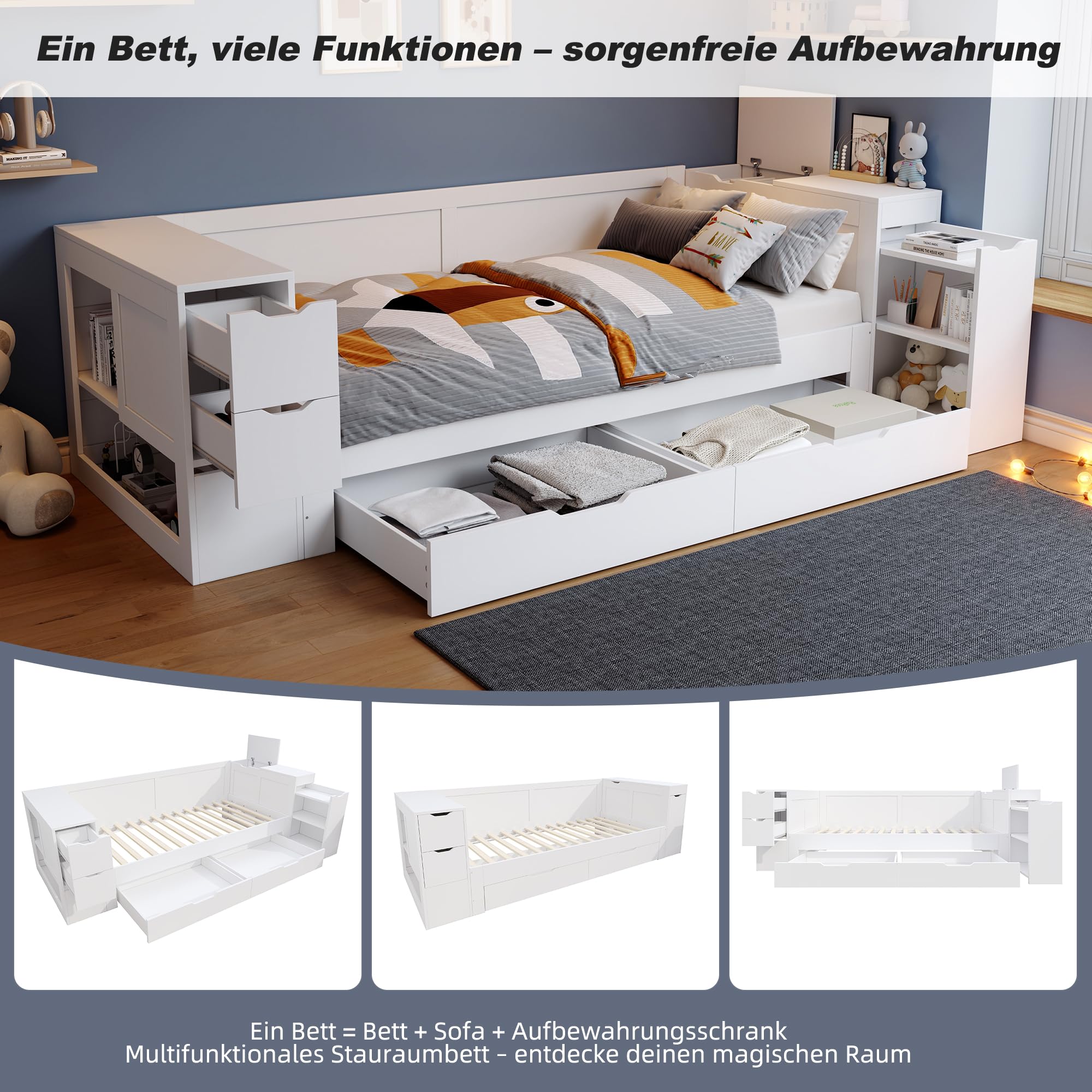 Letto singolo 90 x 200 cm, con comodino e libreria, divano letto con vano portaoggetti testiera e cassetti, letto con ripiano e rete a doghe, senza materasso, bianco