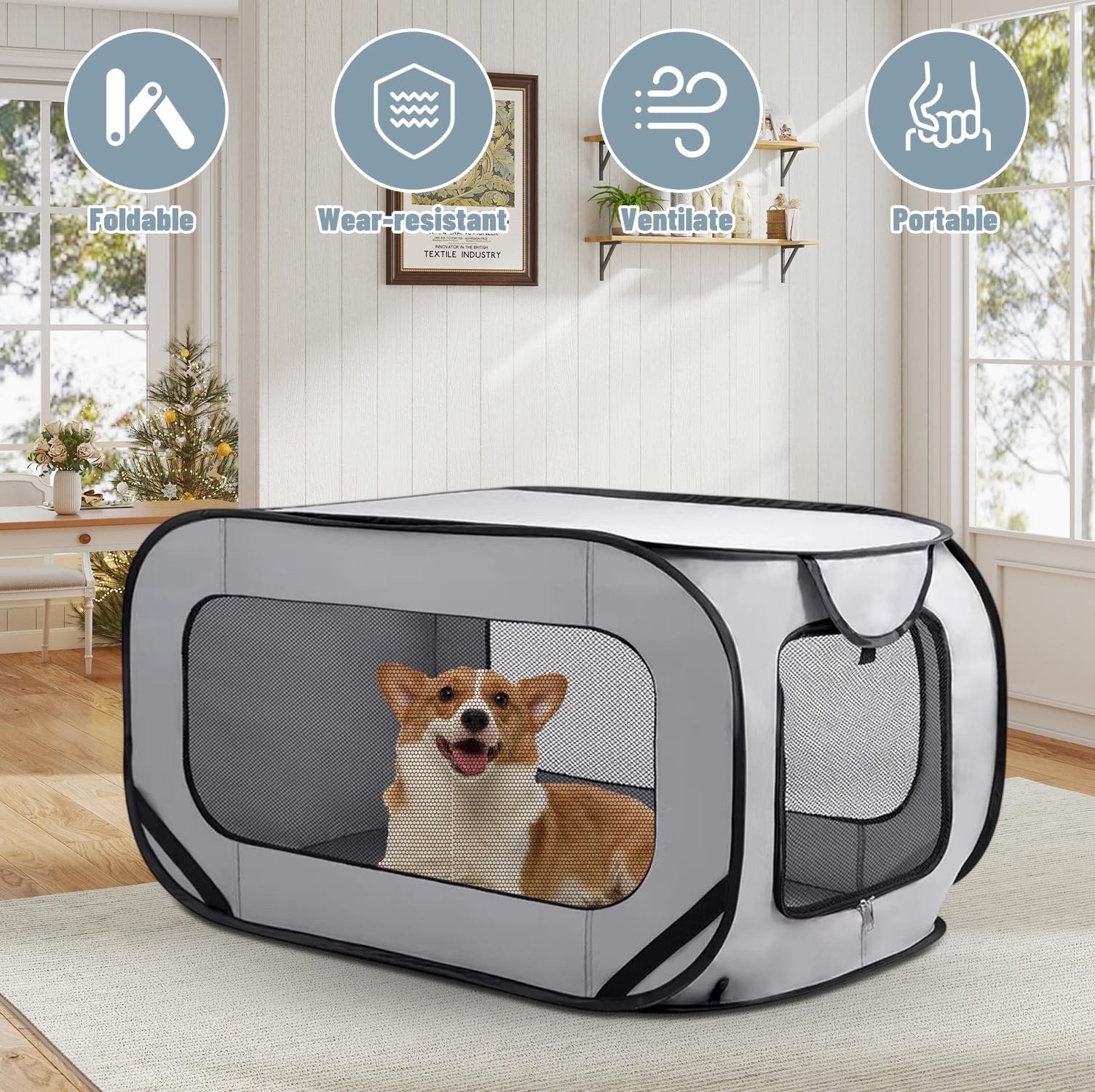Trasportino pieghevole per cani, 94 x 53 x 53 cm, pieghevole, per gatti e cani, fino a 25 kg, per il trasporto di animali domestici in viaggio e a casa (grigio)