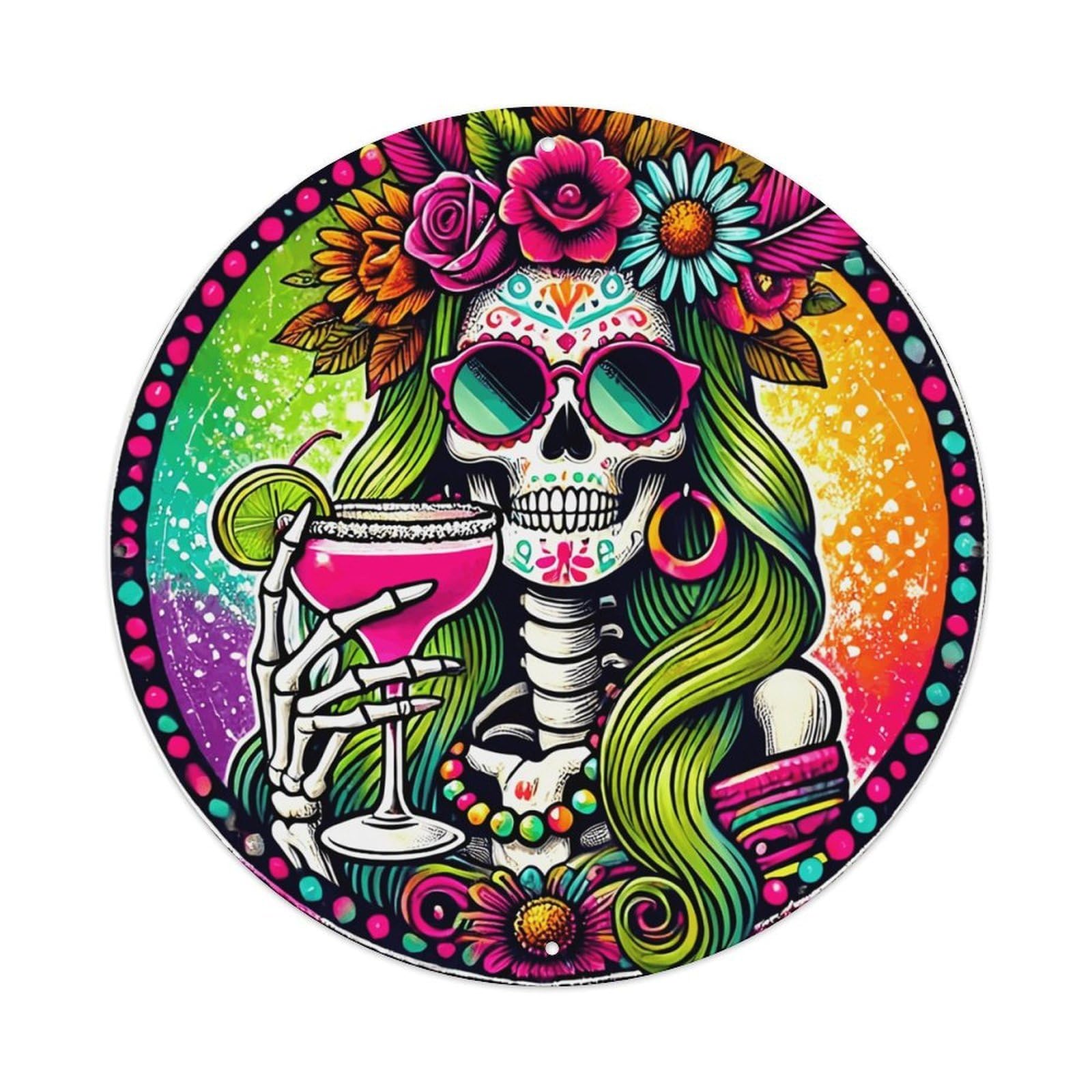 Colorful Skull With Flowers And Drink Retro Metal Sign Round Tin Sign, Vintage Decor Art Poster for Bar, Home, Man Cave, Kitchen, Laundry Room Gift 8x8Inch