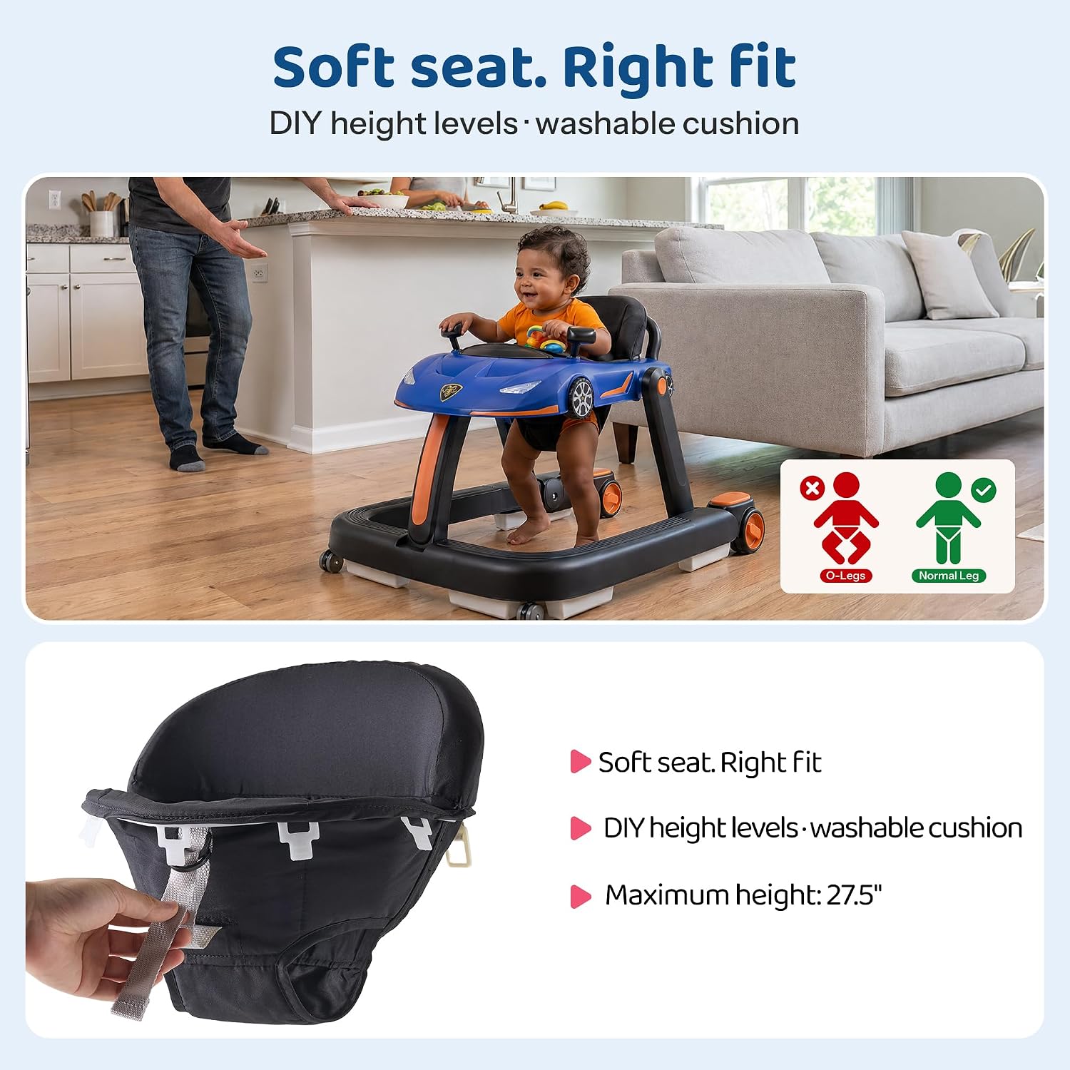 4-in-1 Baby Walker, Foldable Activity Walker with Adjustable Height and Speed, Music, Removable Activity Tray, Anti-Slip Protection, Baby Walker with Wheels for Boys Girls 6-18 Months (Blue)