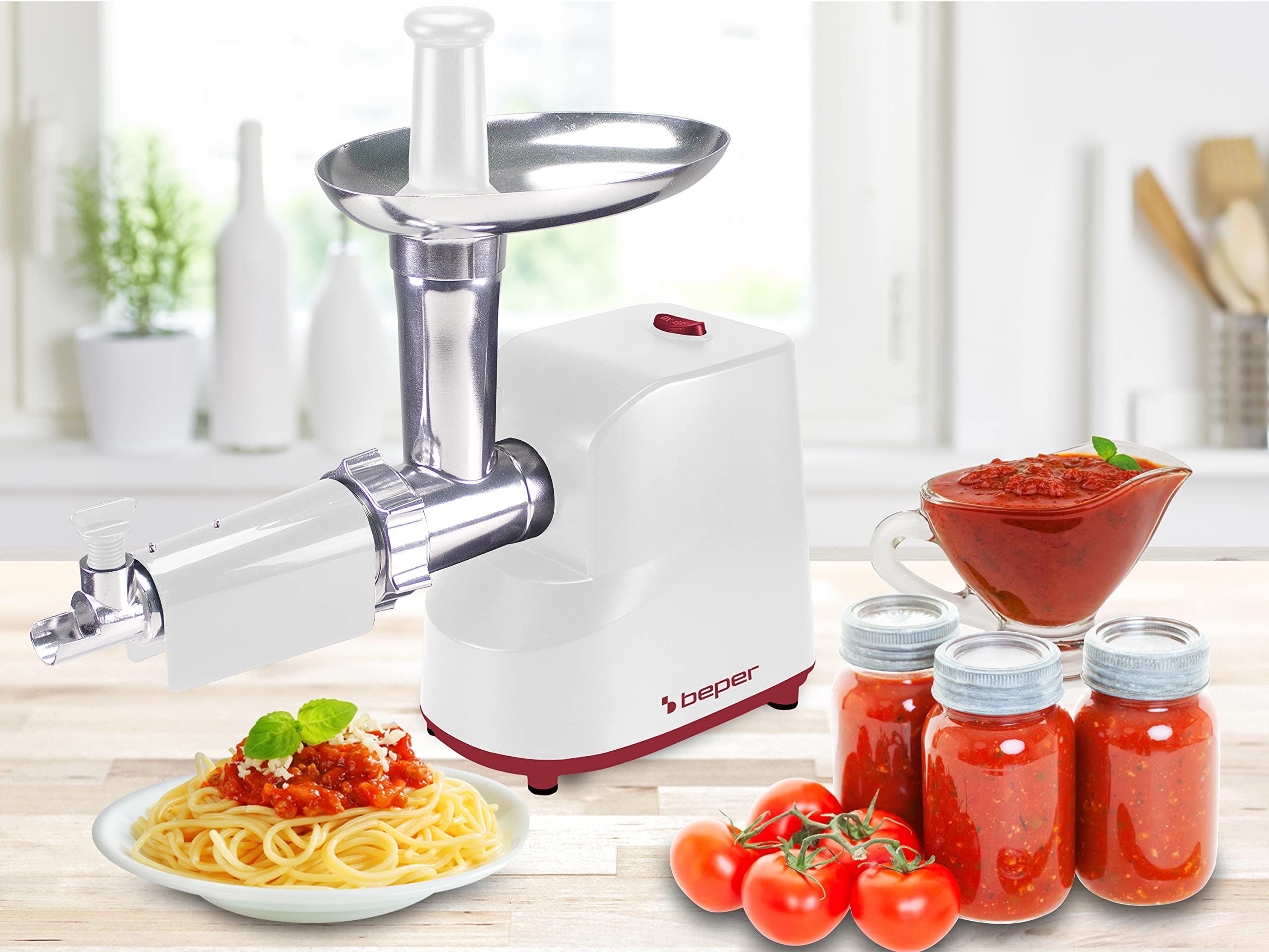 BEPER P102ROB200 Tritacarne Elettrico e Passapomodoro Elettrico 1200W con Trafile in Acciaio Inossidabile e Accessori