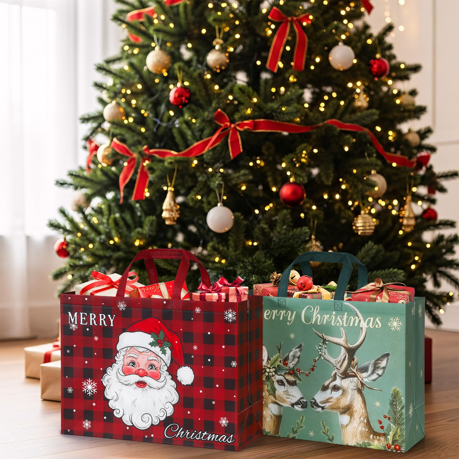 STYPOP Lot de 12 sacs cadeaux de Noël extra larges de 43,2 cm, sacs fourre-tout réutilisables en non-tissé avec poignées, parfaits pour l'emballage cadeau de Noël/fournitures de fête, 42,9 x 32 x 17,3