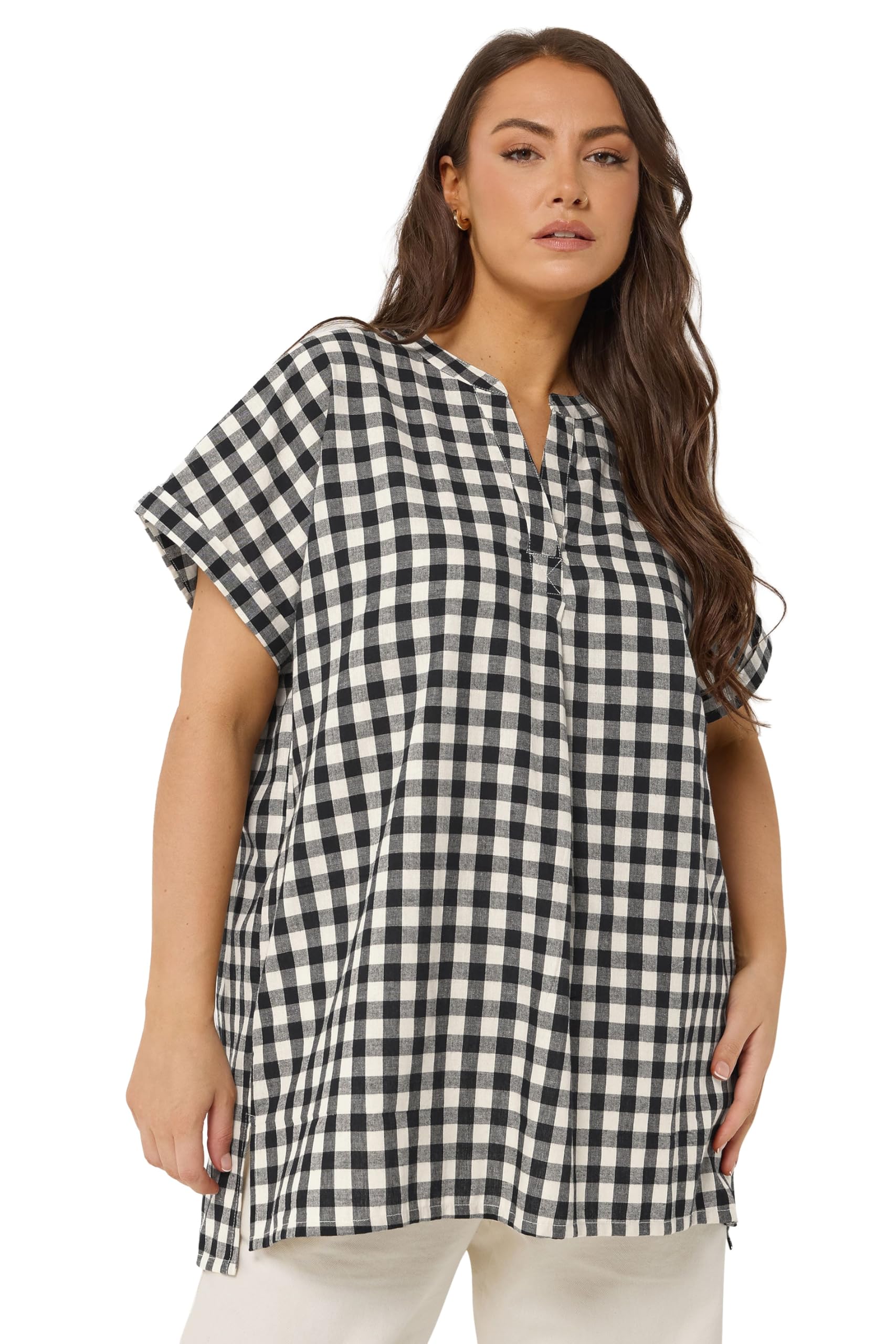 Yours Women's Black Check Overhead Half Placket Shirt In | Size: 22-24
