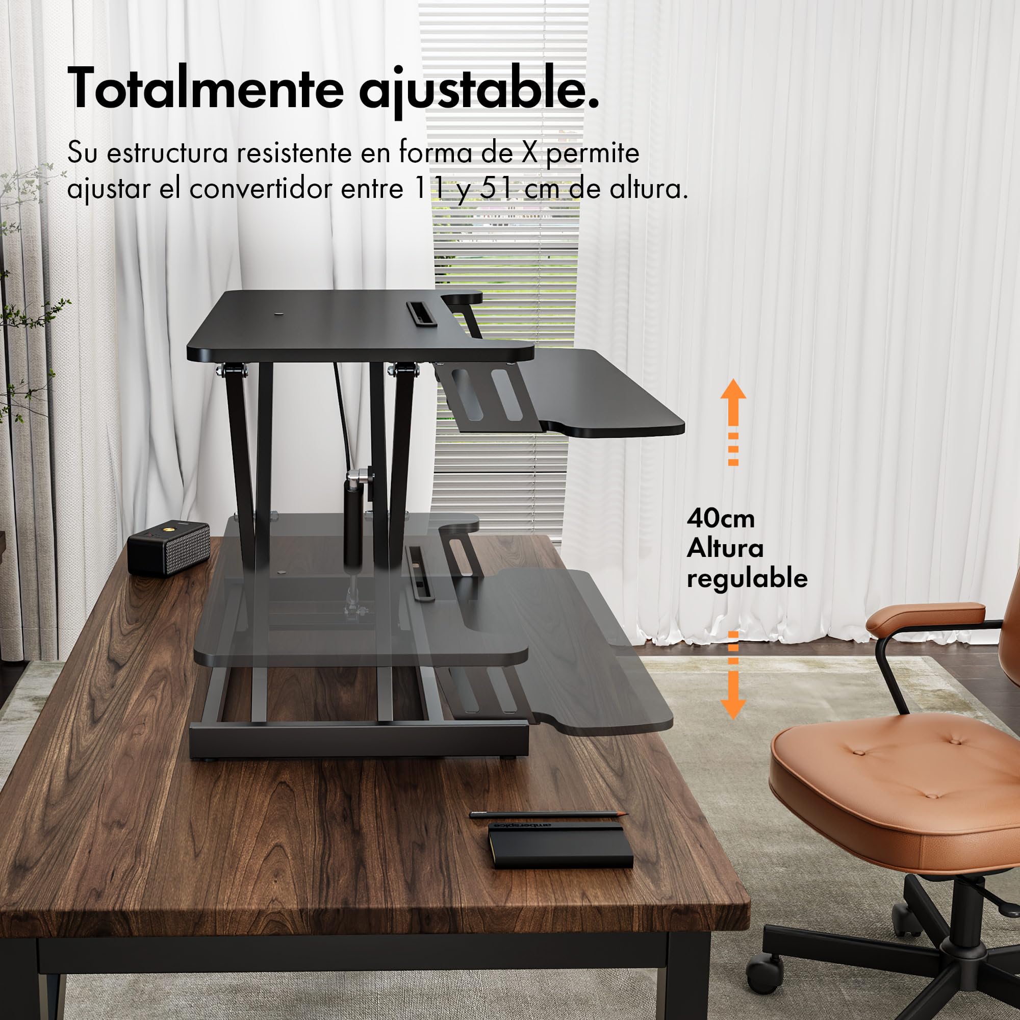 VonHaus Convertidor de Escritorio de Pie, Estación de Trabajo de Computadora Ajustable en Altura con Estante para Teclado, Elevador de Escritorio con Soporte para Tableta (Negro)