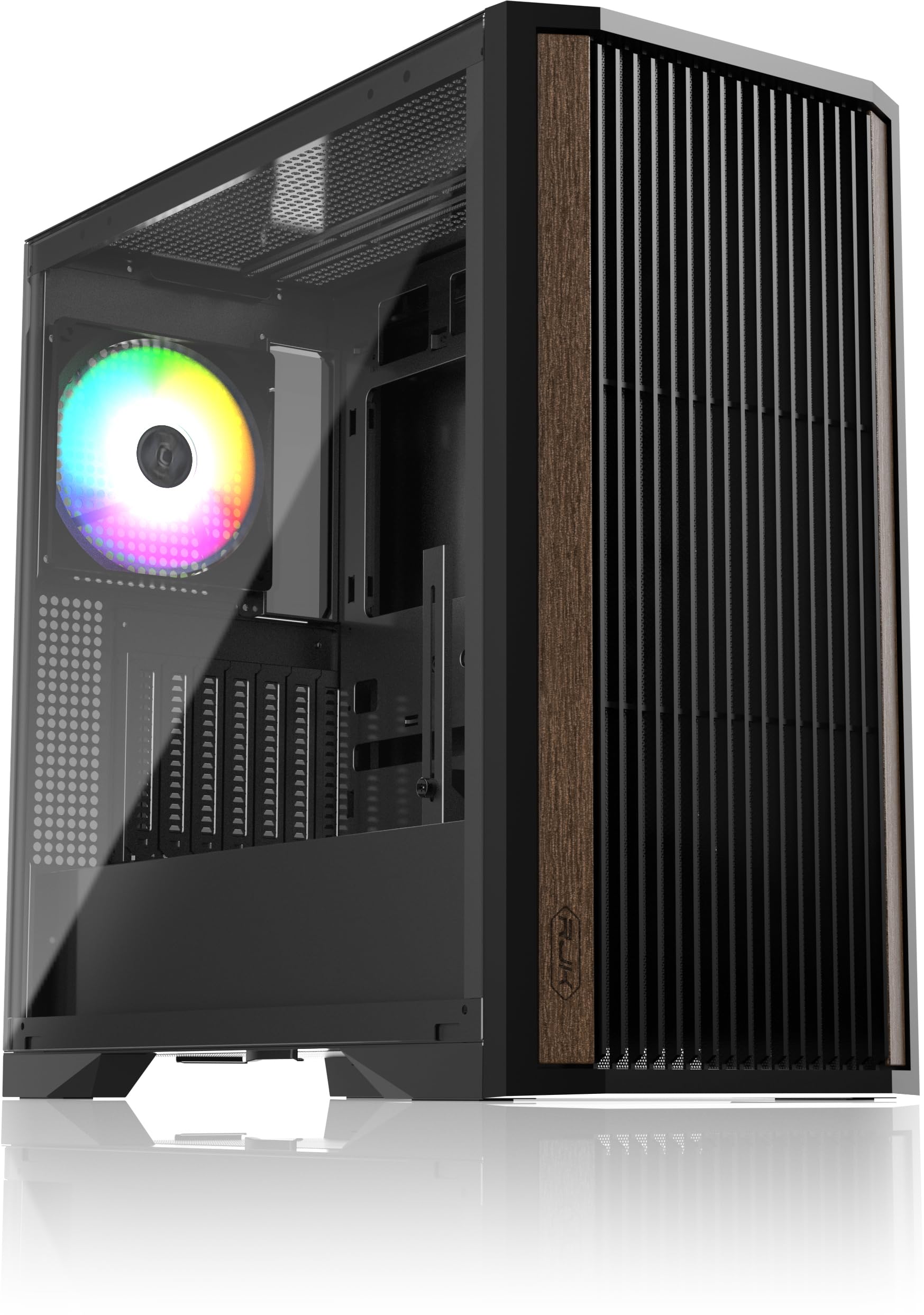 RAIJINTEK AGOS MAX czarna obudowa komputera Mid-Tower PC, szkło hartowane, panel przedni z rysunkiem słojów drewna, ruchomy uchwyt GPU, wentylator tylny 140 mm, kompatybilny z E-ATX/ATX/M-ATX/Mini-ITX