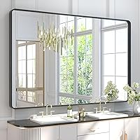 Vista 90 de TETOTE Espejo de marco negro de 16 x 24 pulgadas, espejo de tocador de baño para pared, moderno espejo rectangular de esquina redonda con marco