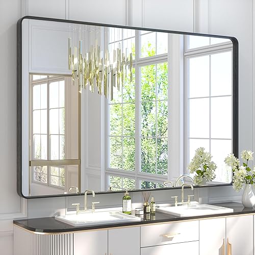 TETOTE Espejo de marco negro de 60 x 40 pulgadas, espejo de tocador de baño para pared, moderno espejo rectangular de esquina redonda mate con marco