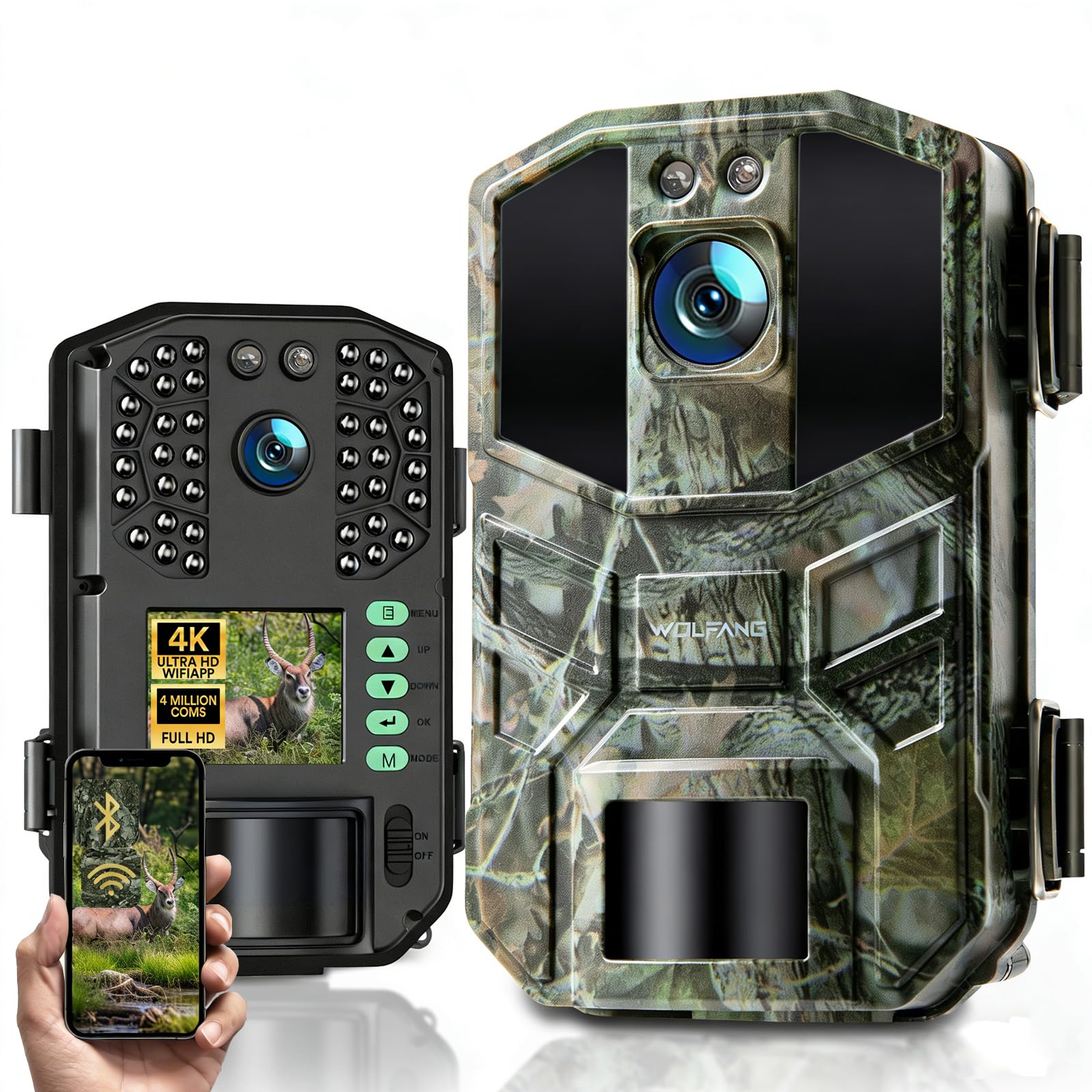 WOLFANG Wildlife Camera, 64MP 4K Trail Camera with Night Vision Motion Activated, WiFi Bluetooth, IP66 Waterproof, 0.1s Trigger Time, 40pcs 940nm IR LEDs