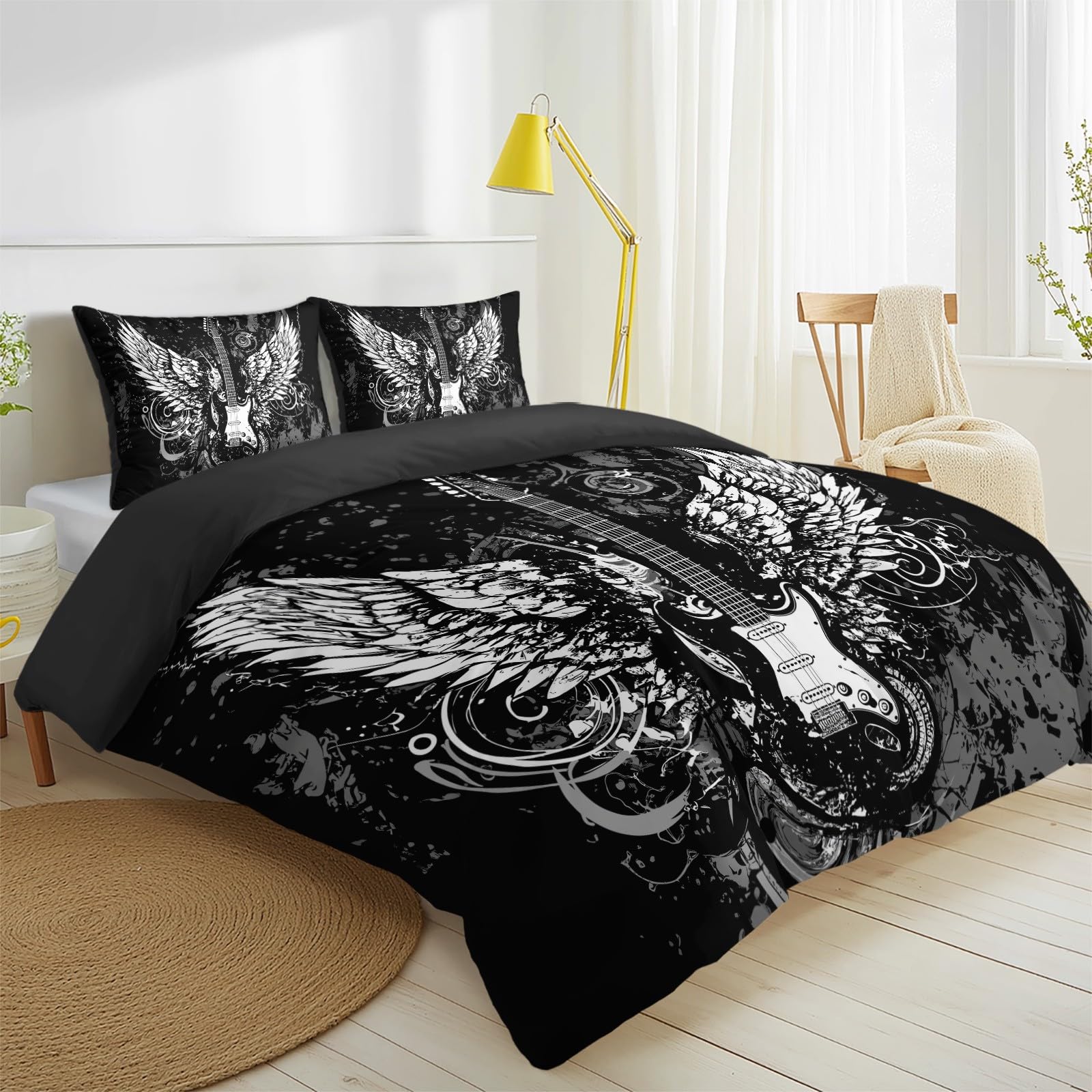 Generisch Rock zestaw pościeli muzycznej z motywem dzikiej gitary, skrzydła muzyczne, nuty muzyczne, zestaw pościeli 200 x 200 cm, 3-częściowy zestaw dekoracyjny, poszewka na kołdrę z mikrofibry