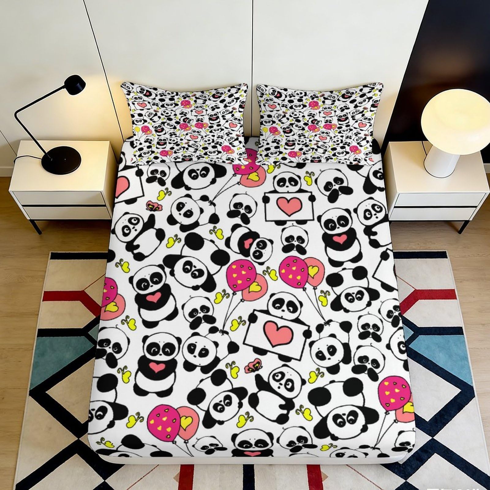 3D Printed Cute Panda Balloons Fitted Sheet Microfiber Soft Anti-Slip Cartoon Heart Bed Cover for Bedroom Dorm Decor 90x200x25cm