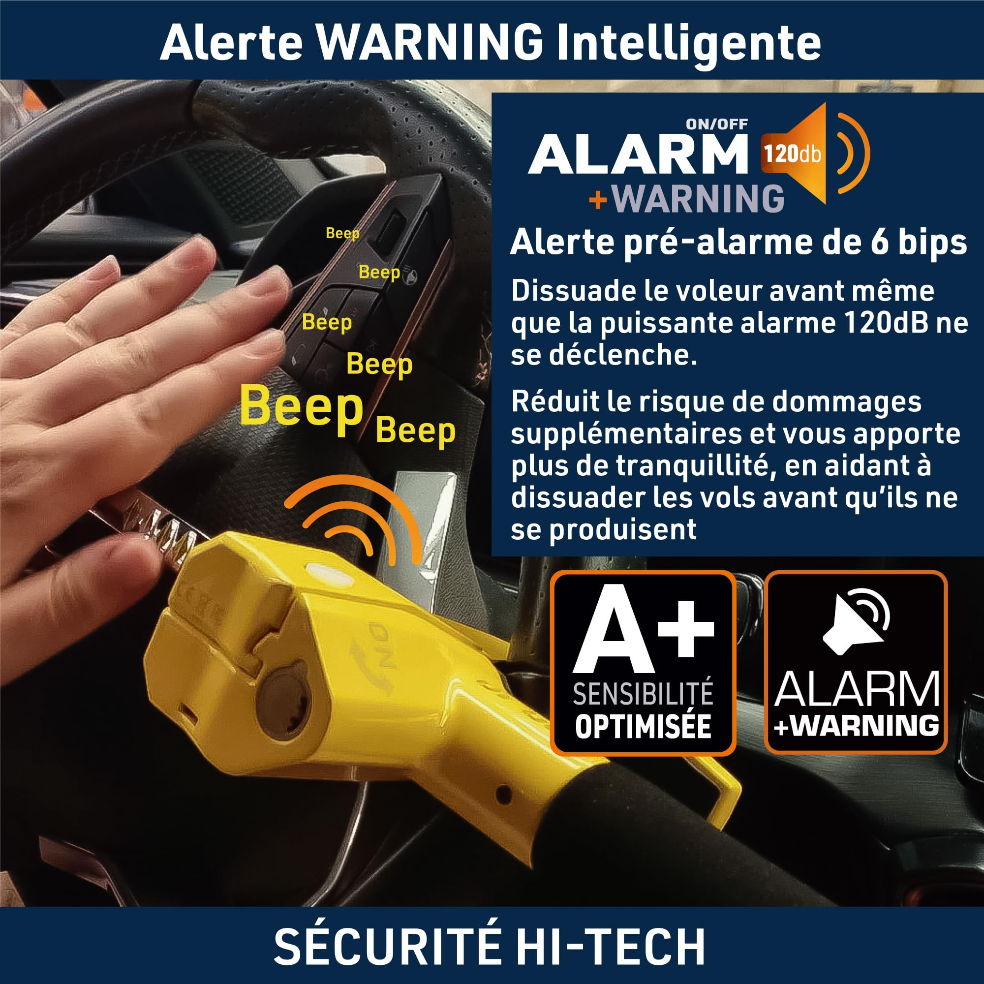 URBAN UR978Y Antivol Voiture Double Sécurité | Canne Antivol Voiture + Alarme Hi-Tech 120dB LED Warning | Sûr, Dissuassif, Résisté Tentative Vol | Bloque Volant Breveté, Barre Bloc Auto Universelle