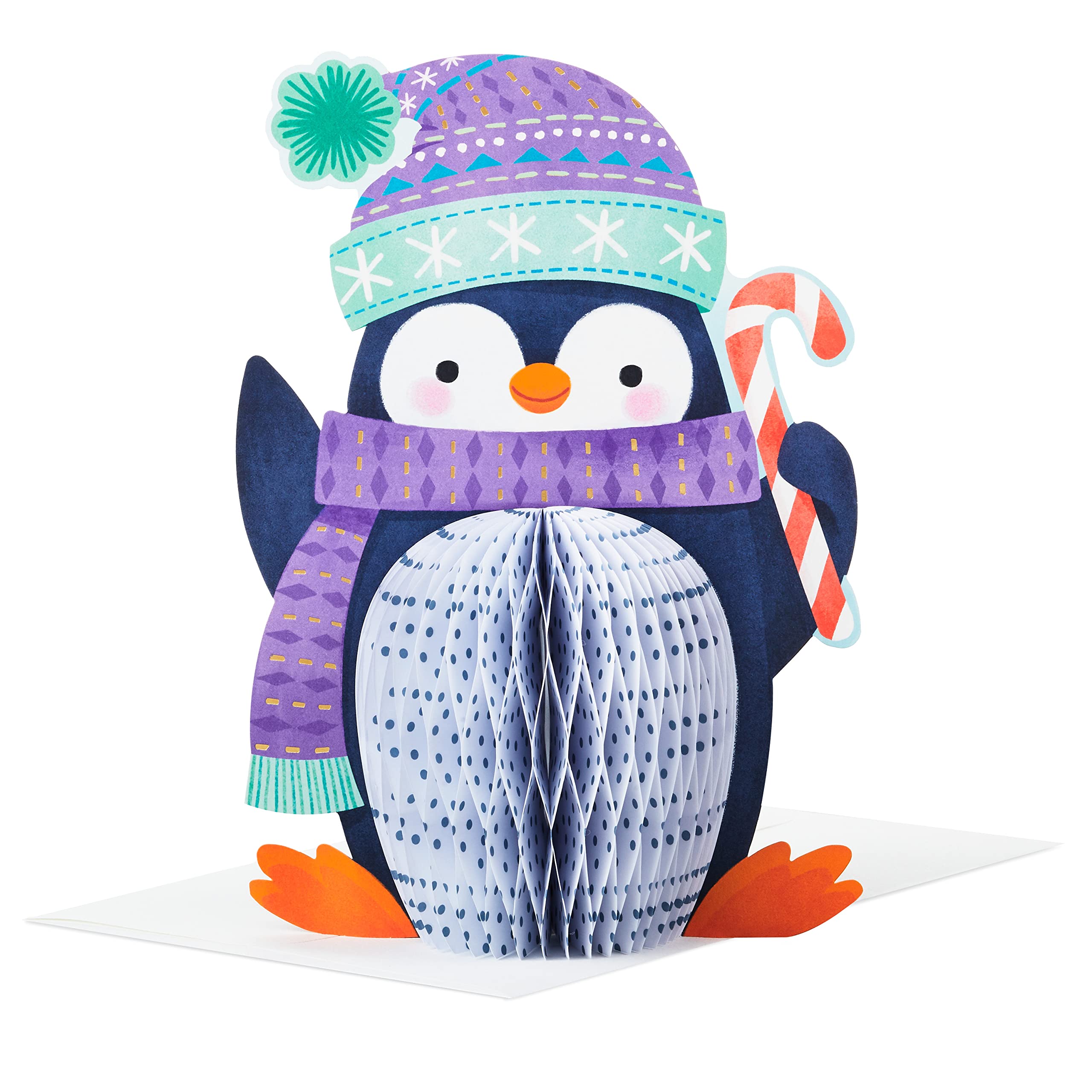 Hallmark Paper Wonder Pop Up Christmas Card - Cute Honeycomb Penguin with Candy Cane Design, Multicoloured, 25575524
