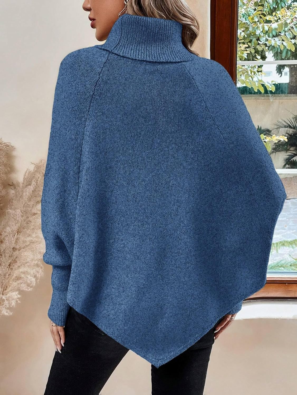 Urchics Casual Sweater Turtleneck Batwing Sleeve Button Detail Poncho Sweater