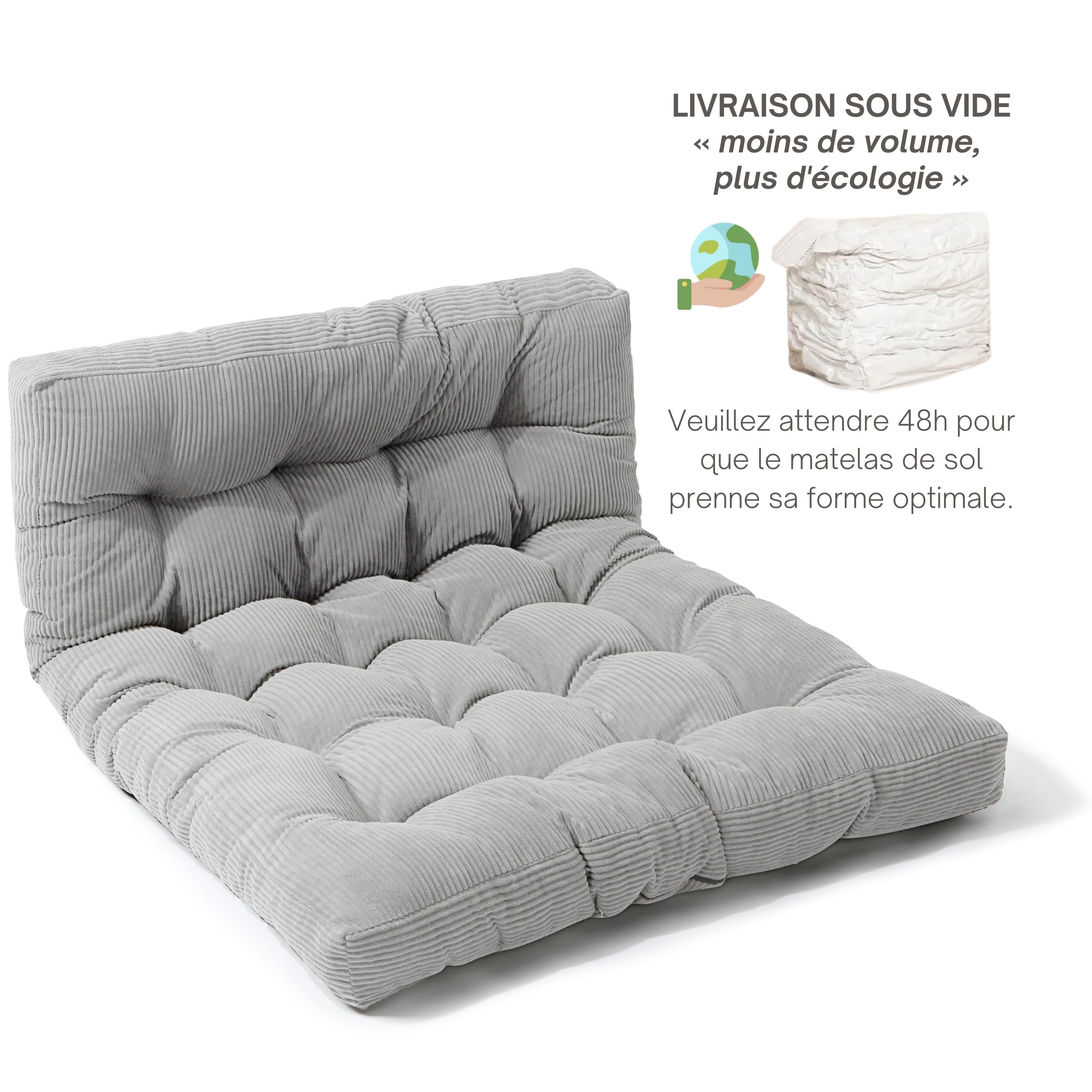 bananair - Futon 2 Places Épais & Confortable, Rembourrage en Mousse - Tissu en Velours Côtelé, Doux & Élégant - Sangles Incluses, Matelas de Sol Pliable Pratique (160x200 cm, Gris Clair)