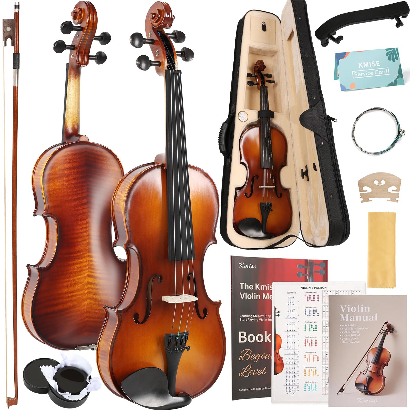 Kmise Violine 4/4 Full Size Starter Kit für Schüler Anfänger Erwachsene Tiger Flame Akustisches Geigen-Set mit Hartschalenkoffer, Bogen, Kolophonium, extra Saiten, Schulterstütze, Guide & Chart